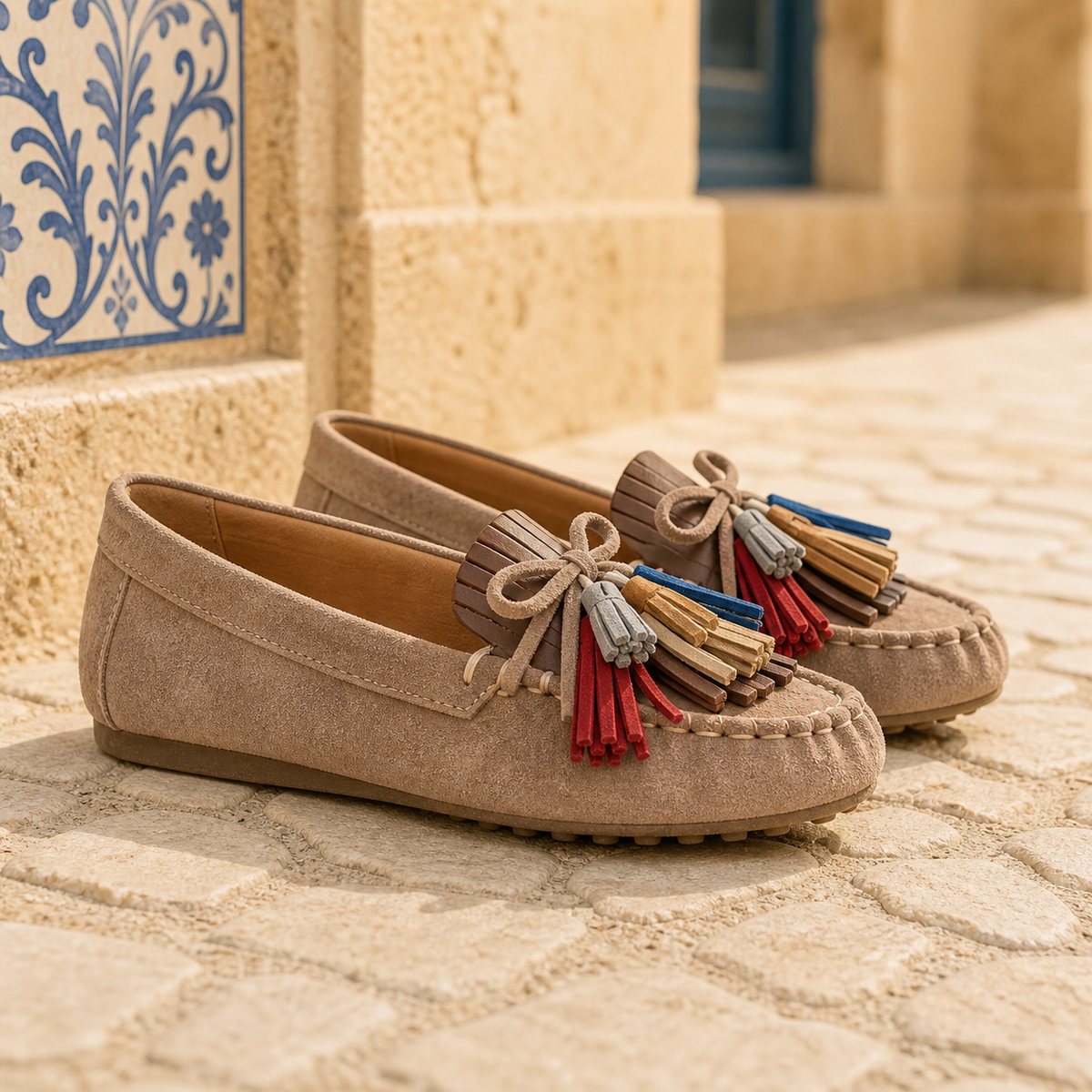 Mocassins style vintage à glands et motifs colorés en cuir pour femme - Mediterranean Lifestyle