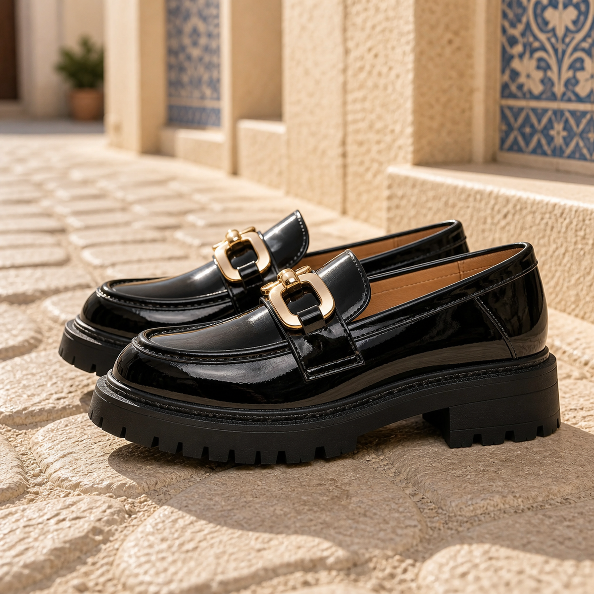 Mocassins En Cuir Verni Pour Femme Avec Chaîne Dorée Décorative - Mediterranean Lifestyle