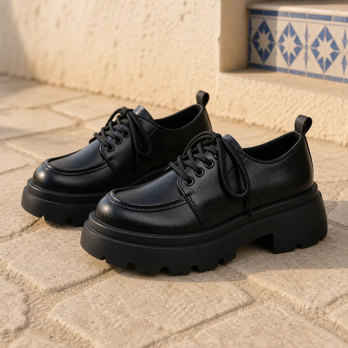 Mocassins À Plateforme En Cuir Synthétique Noir - Mediterranean Lifestyle