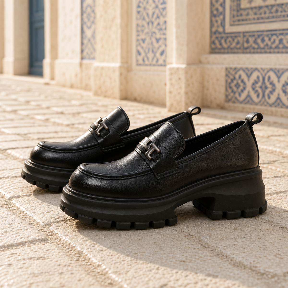 Mocassins Noirs En Cuir À Plateforme Pour Femmes - Mediterranean Lifestyle