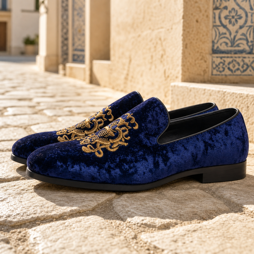 Mocassins Effet Velours Brillant Avec Broderie Fleurie Et Sequins - Mediterranean Lifestyle