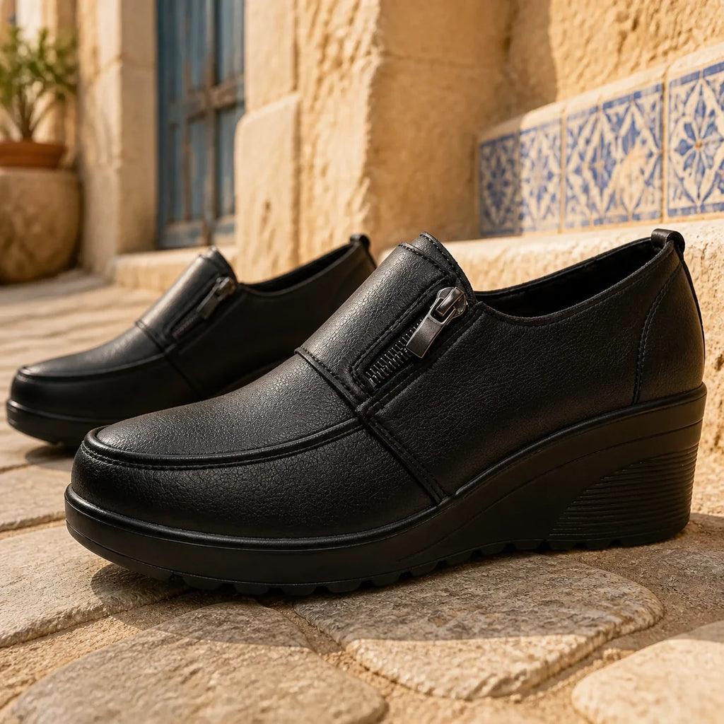 Mocassins Compensés Confortables Cuir Noir Pour Femmes - Mediterranean Lifestyle