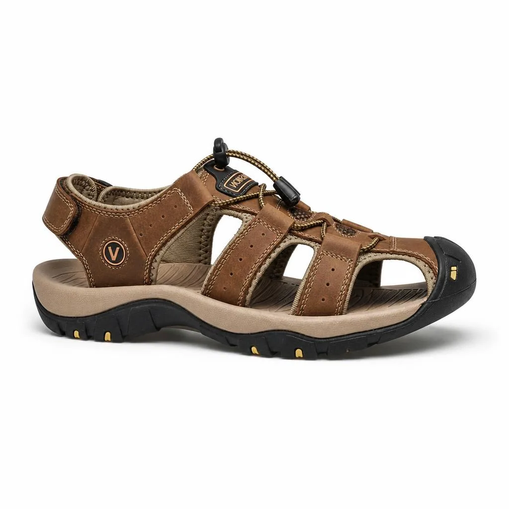 Kairo Cuir Sandales Pêcheur – Confort Estival Souple Marche Chaussures - Marron Foncé - Studio — Side Profile