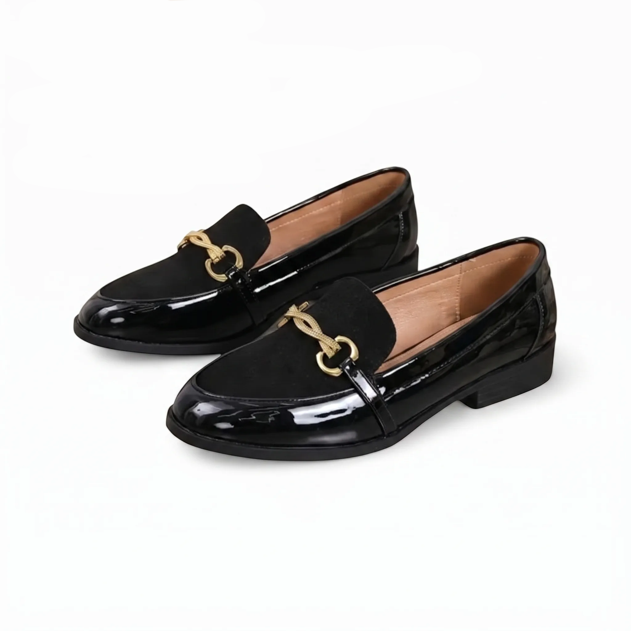 Mocassins Habillés Vernis Noir Et Velours À Mors Dorés - Studio — Front 3/4 Pair
