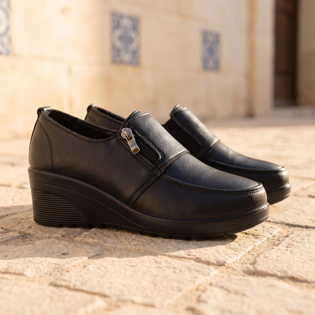 Mocassins Compensés Confortables Cuir Noir Pour Femmes - Lifestyle — Mediterranean Editorial