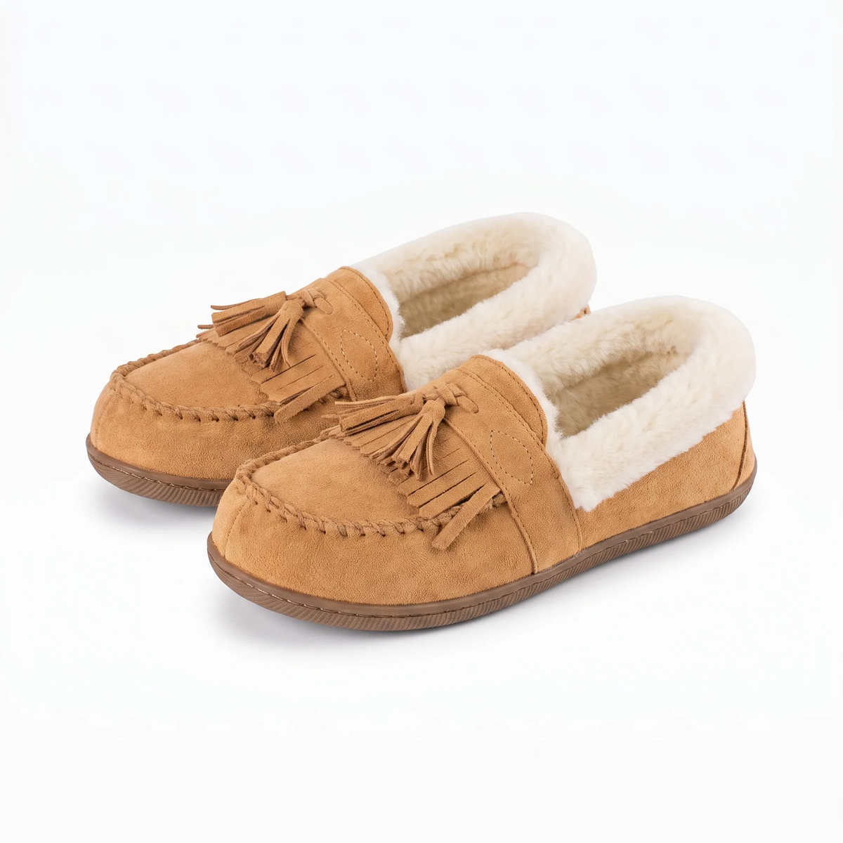 Mocassins Indiens En Daim Fourré Et Tige En Tweed - Studio — Front 3/4 Pair