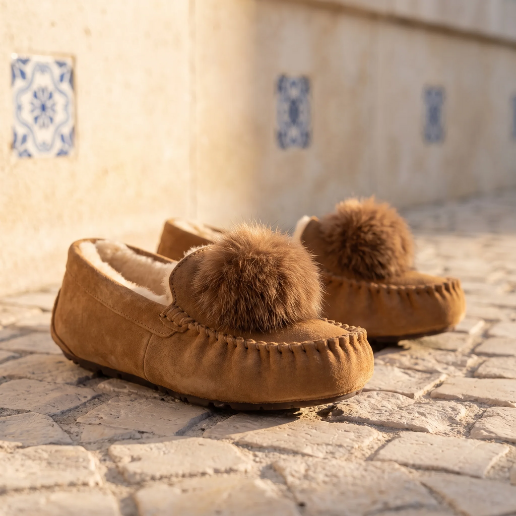 Mocassins Indiens En Daim Fourré À Pompon - Lifestyle — Mediterranean Editorial
