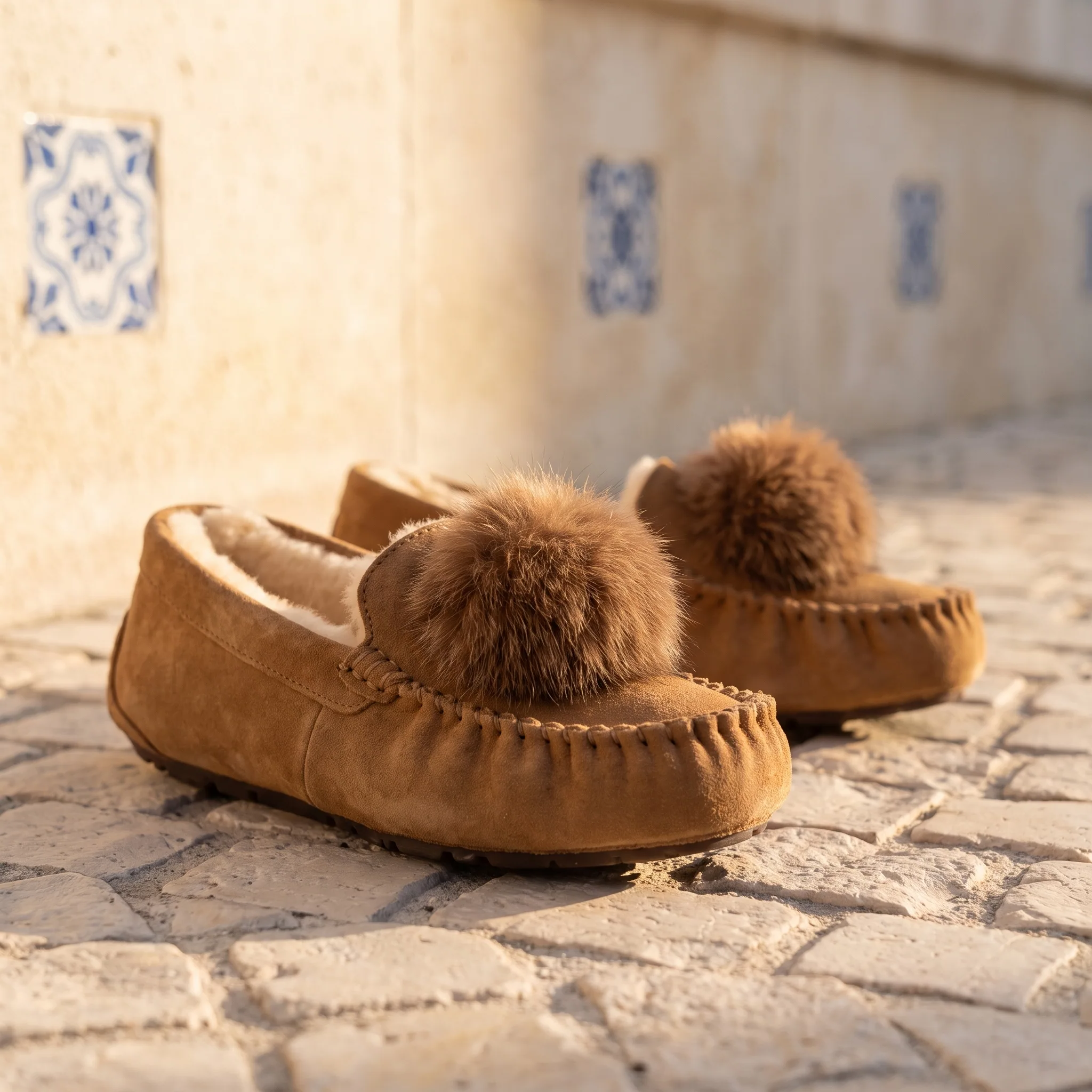 Mocassins Indiens En Daim Fourré À Pompon - Lifestyle — Mediterranean Editorial