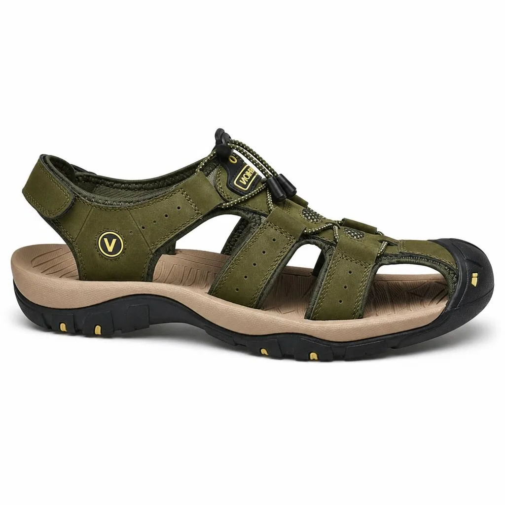 Kairo Cuir Sandales Pêcheur – Confort Estival Souple Marche Chaussures - Vert Armée - Studio — Side Profile