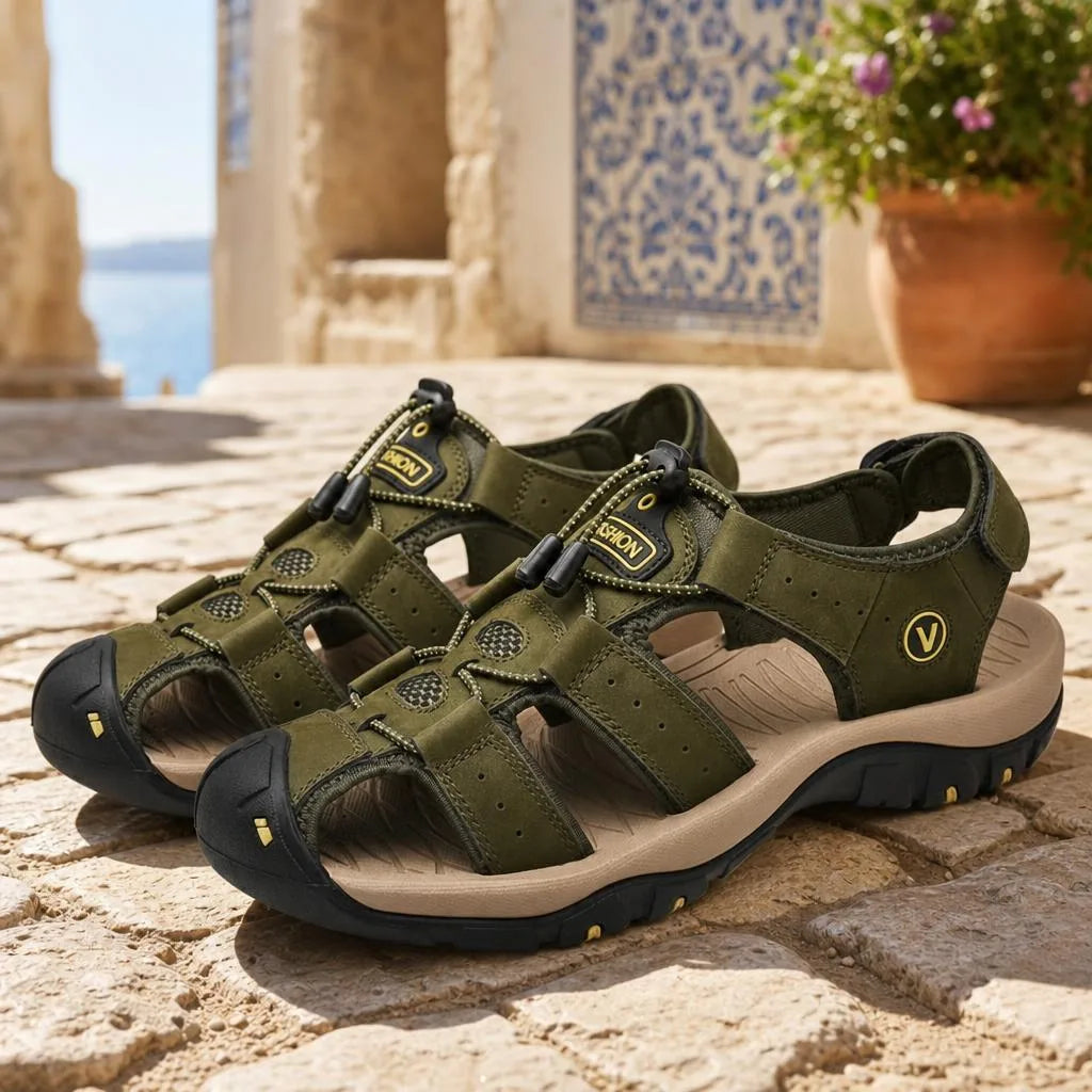 Kairo Cuir Sandales Pêcheur – Confort Estival Souple Marche Chaussures - Vert Armée - Lifestyle — Mediterranean Editorial
