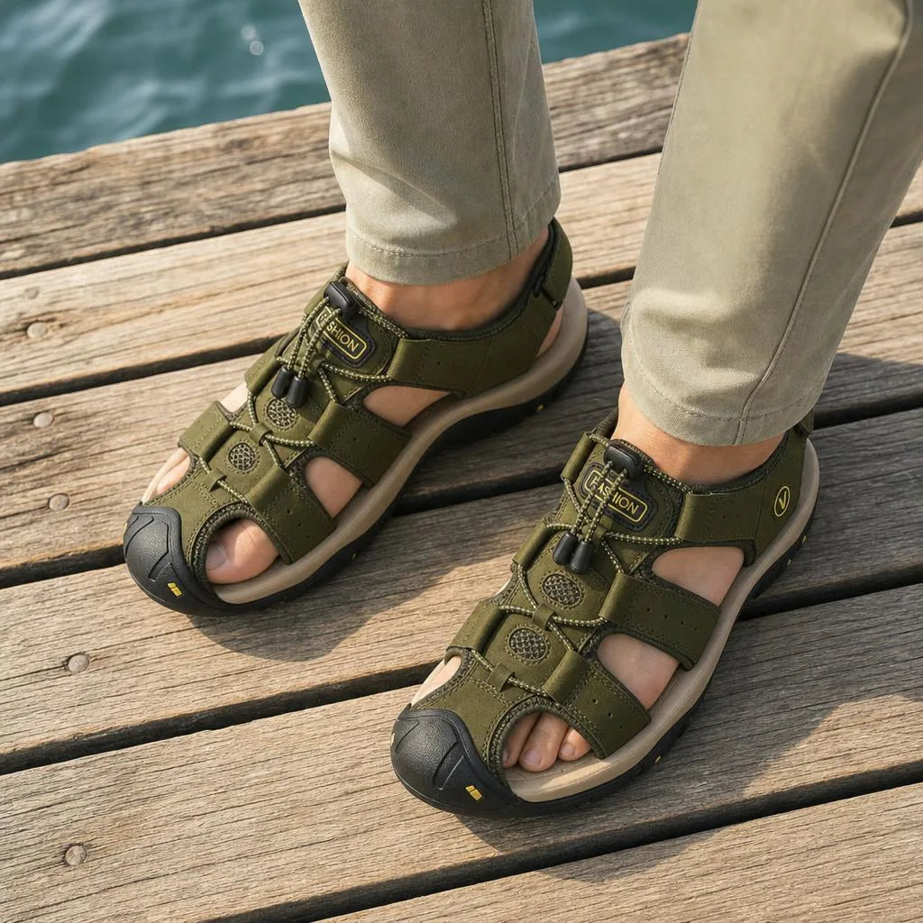 Kairo Cuir Sandales Pêcheur – Confort Estival Souple Marche Chaussures - Vert Armée - On-foot — Top-down Worn View