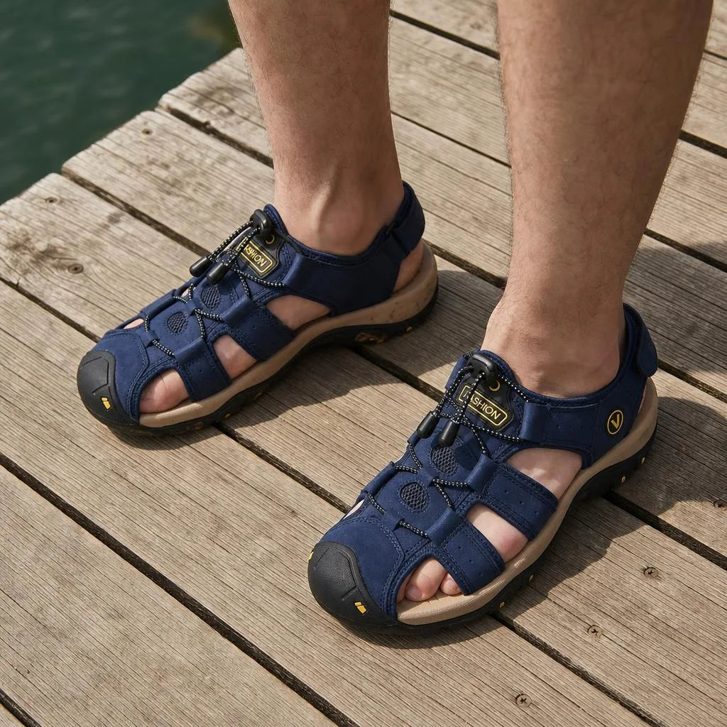 Kairo Cuir Sandales Pêcheur – Confort Estival Souple Marche Chaussures - Bleu - On-foot — Top-down Worn View