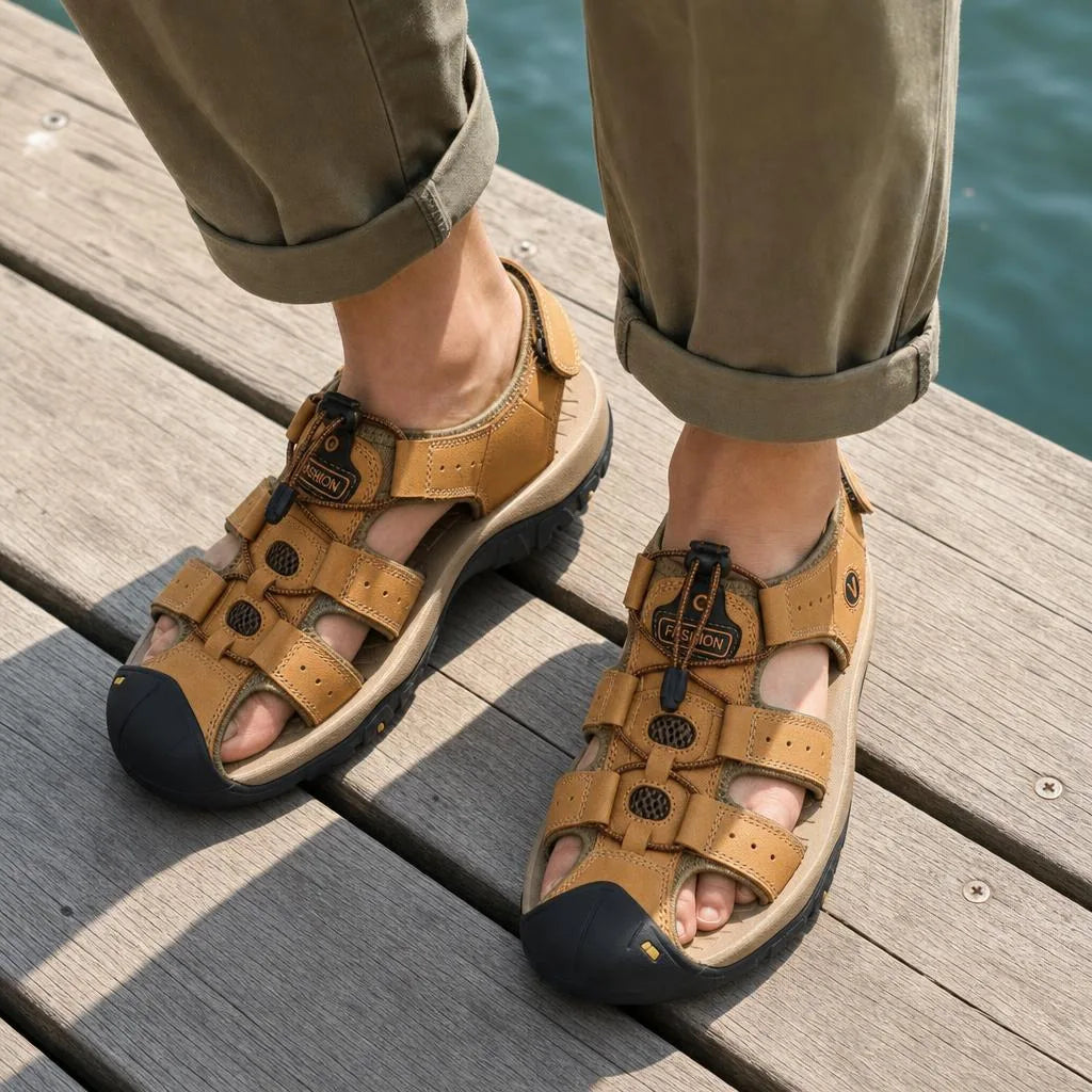 Kairo Cuir Sandales Pêcheur – Confort Estival Souple Marche Chaussures - Marron Clair - On-foot — Top-down Worn View