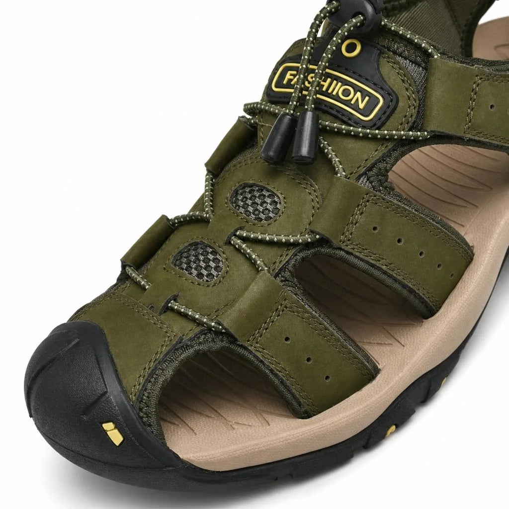 Kairo Cuir Sandales Pêcheur – Confort Estival Souple Marche Chaussures - Vert Armée - Studio — Detail Close-up