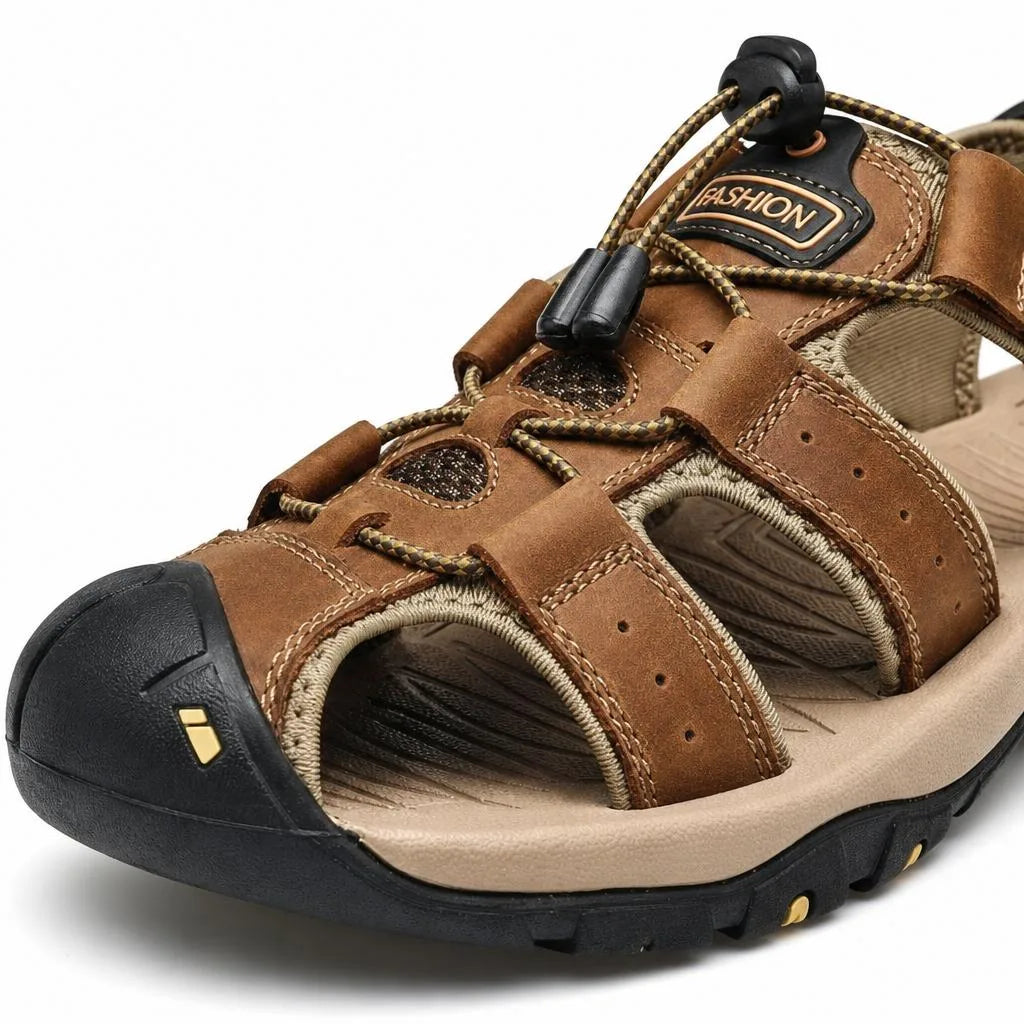 Kairo Cuir Sandales Pêcheur – Confort Estival Souple Marche Chaussures - Marron Foncé - Studio — Detail Close-up