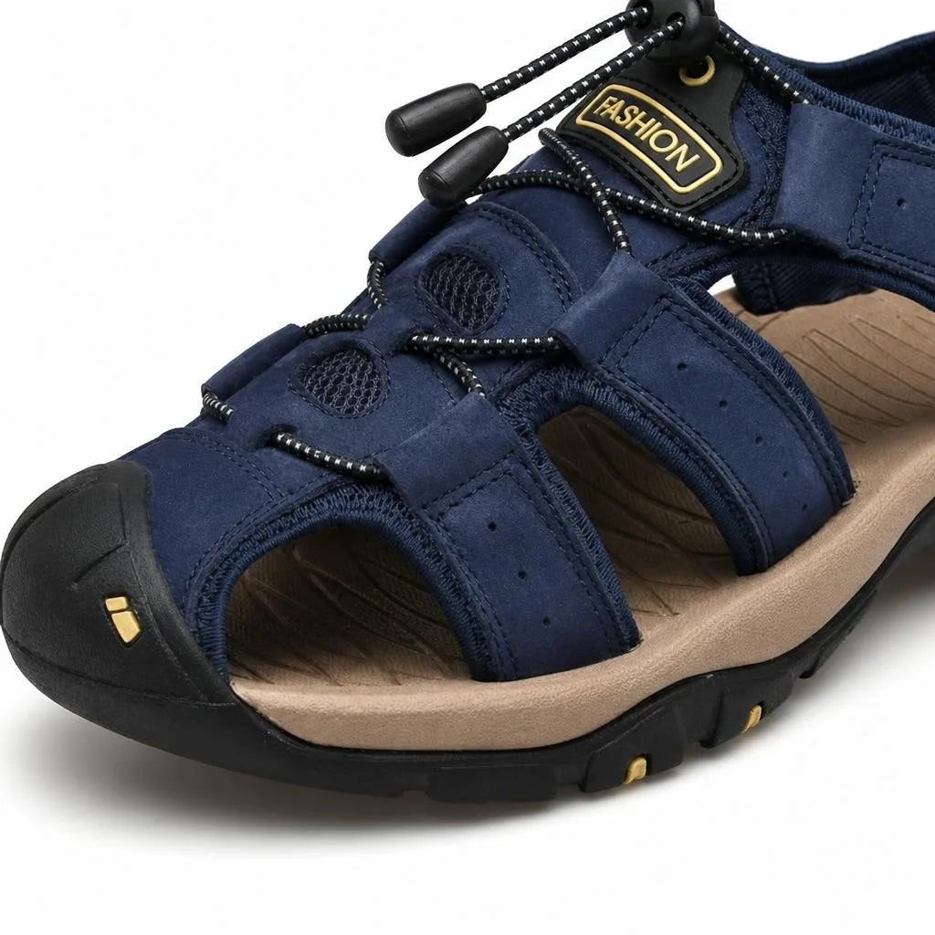 Kairo Cuir Sandales Pêcheur – Confort Estival Souple Marche Chaussures - Bleu - Studio — Detail Close-up