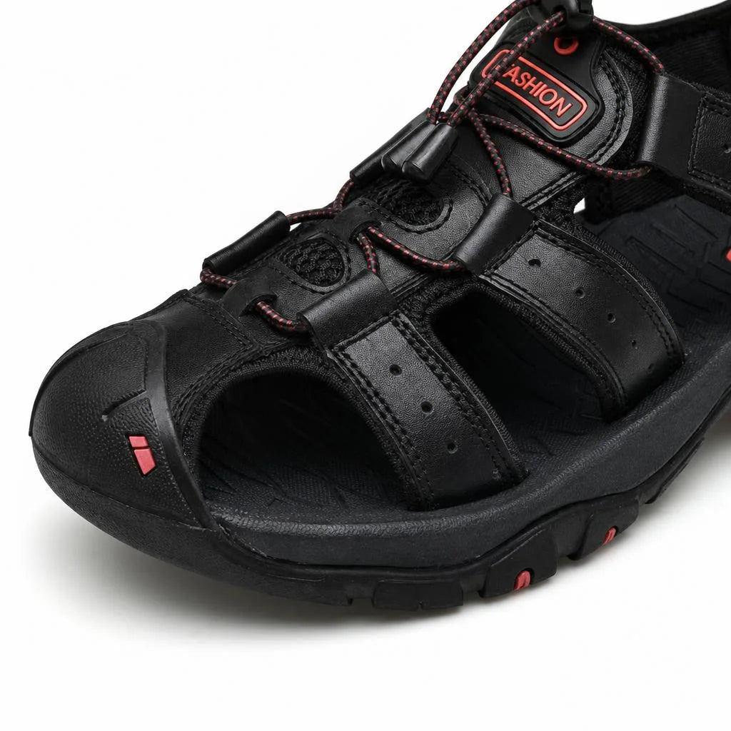 Kairo Cuir Sandales Pêcheur – Confort Estival Souple Marche Chaussures - Noir - Studio — Detail Close-up