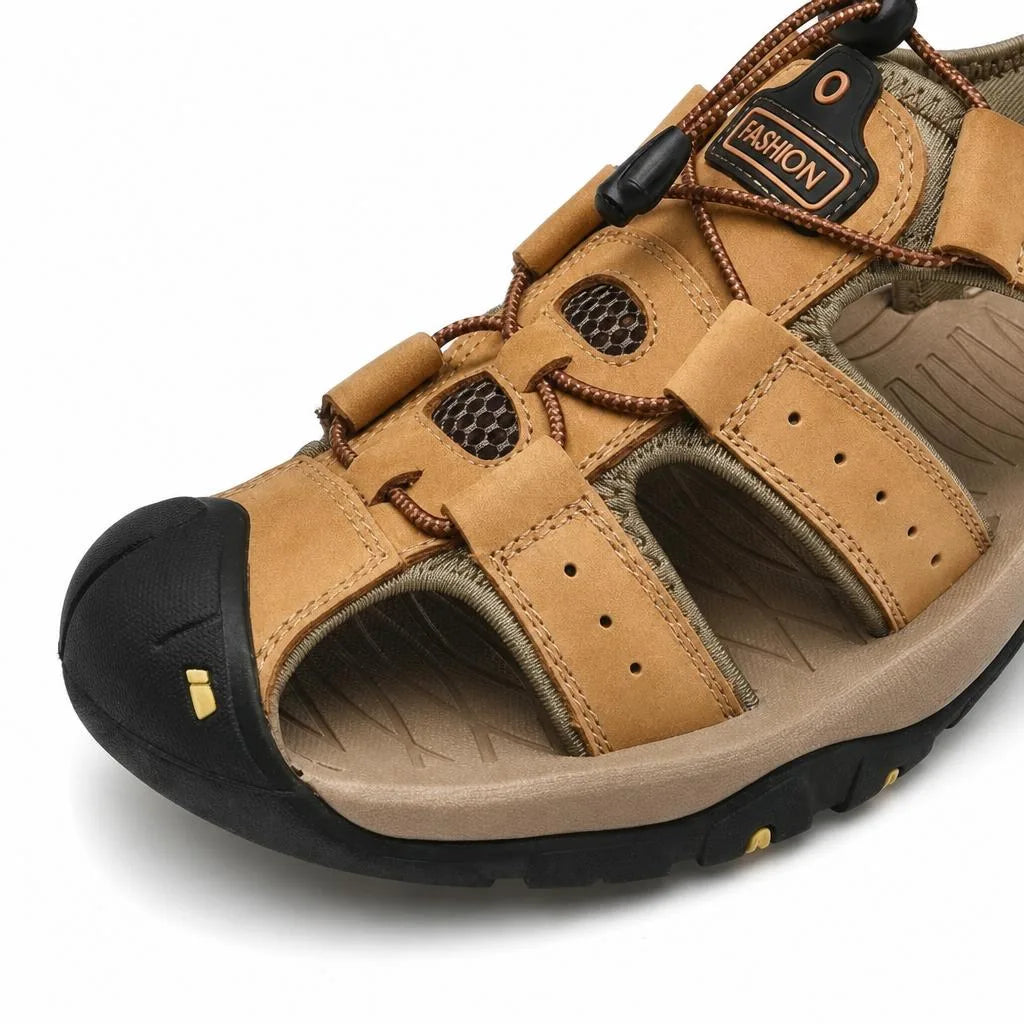 Kairo Cuir Sandales Pêcheur – Confort Estival Souple Marche Chaussures - Marron Clair - Studio — Detail Close-up