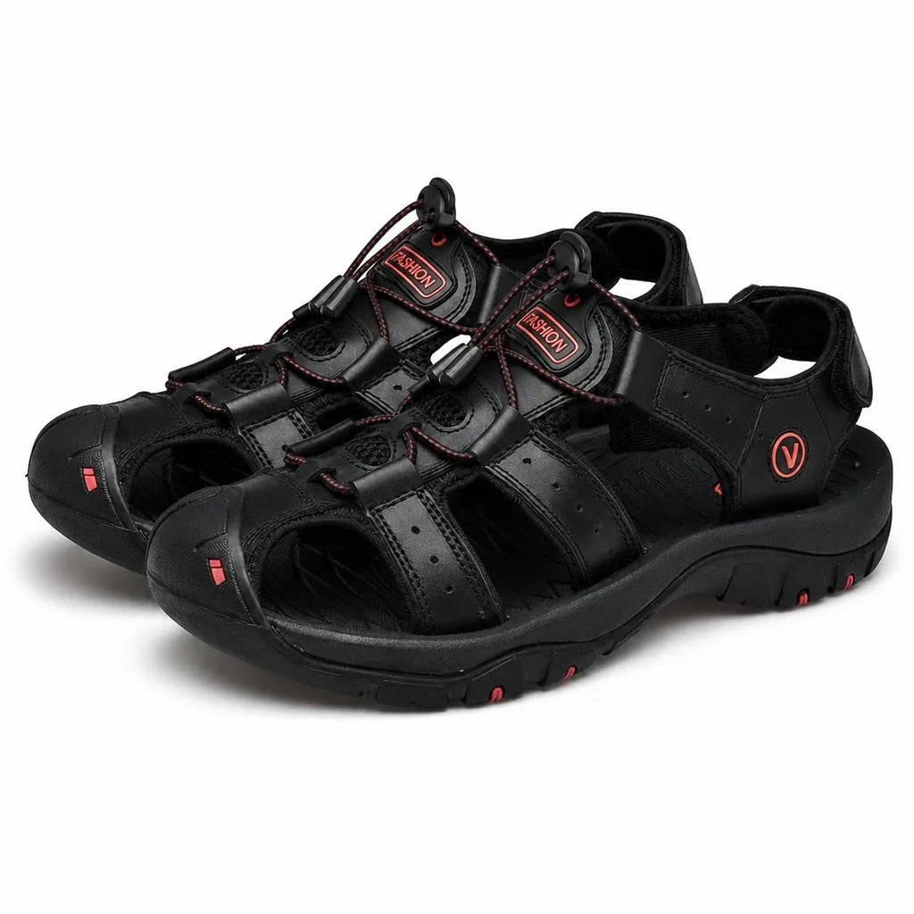 Kairo Cuir Sandales Pêcheur – Confort Estival Souple Marche Chaussures - Noir - Studio — Front 3/4 Pair