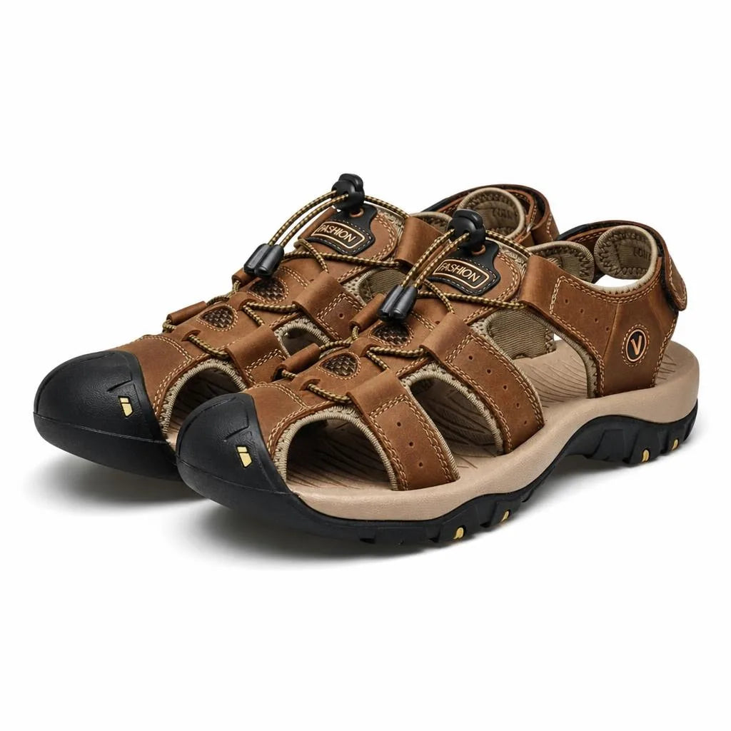 Kairo Cuir Sandales Pêcheur – Confort Estival Souple Marche Chaussures - Marron Foncé - Studio — Front 3/4 Pair