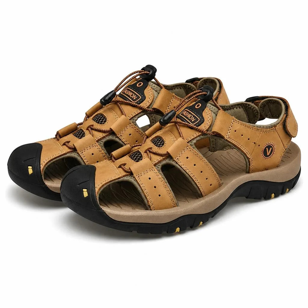 Kairo Cuir Sandales Pêcheur – Confort Estival Souple Marche Chaussures - Marron Clair - Studio — Front 3/4 Pair