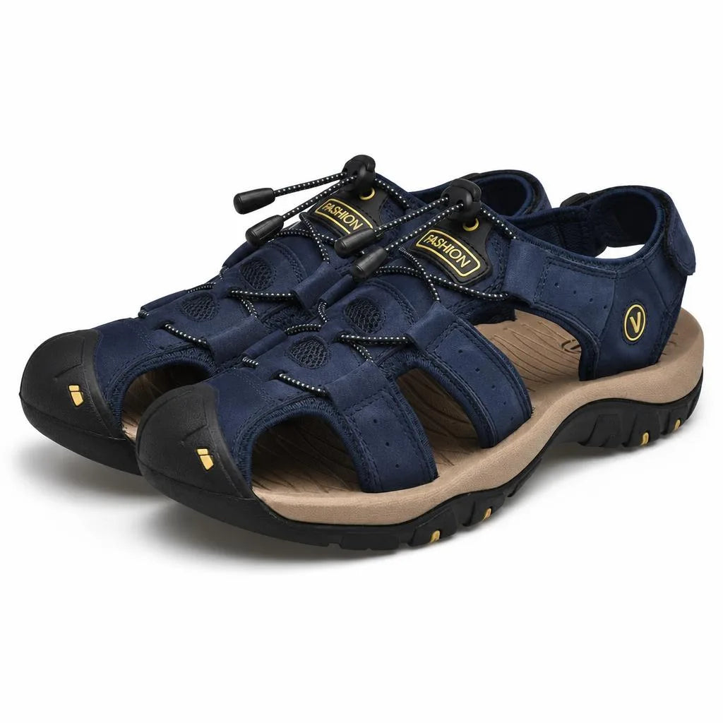 Kairo Cuir Sandales Pêcheur – Confort Estival Souple Marche Chaussures - Bleu - Studio — Front 3/4 Pair