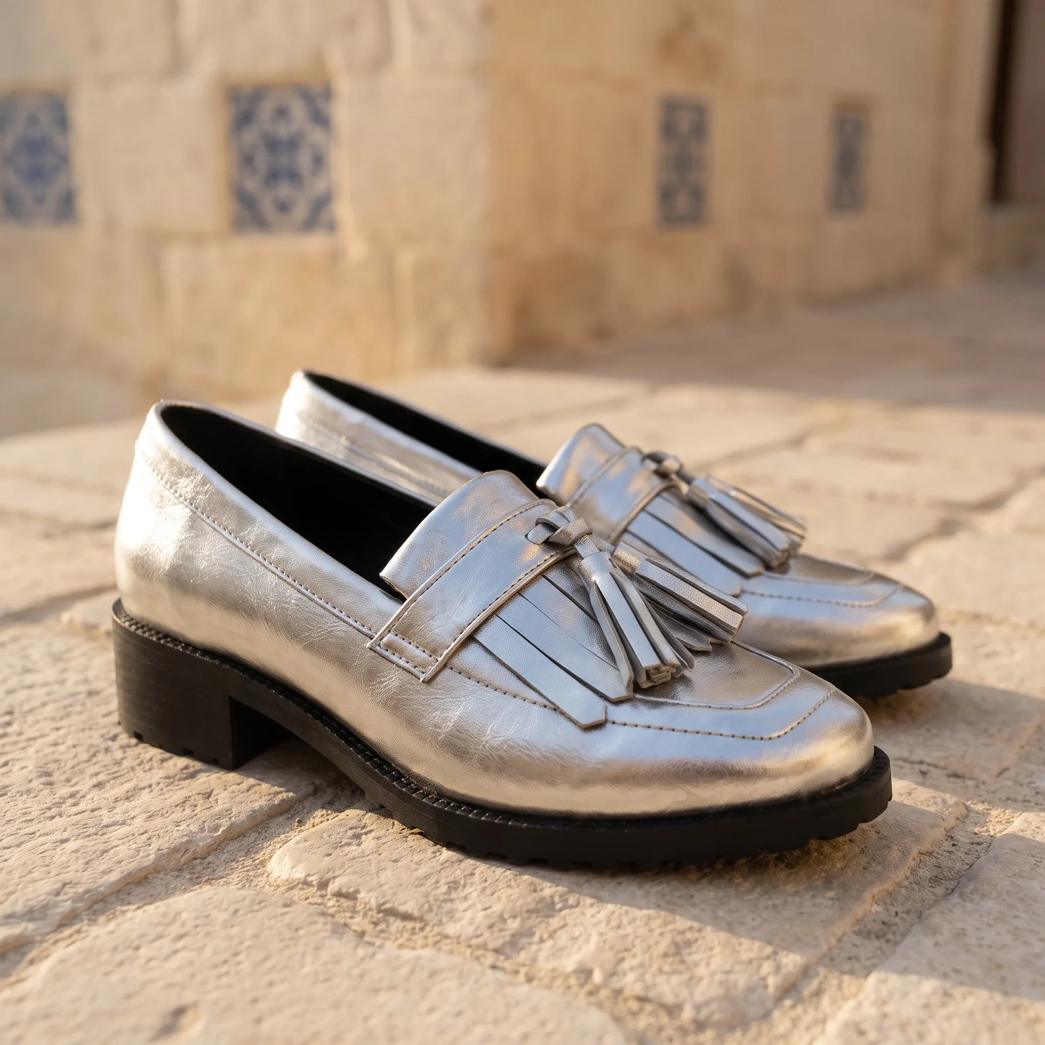 Mocassins À Gland Argentés Pour Femme En Cuir Véritable - Lifestyle — Mediterranean Editorial