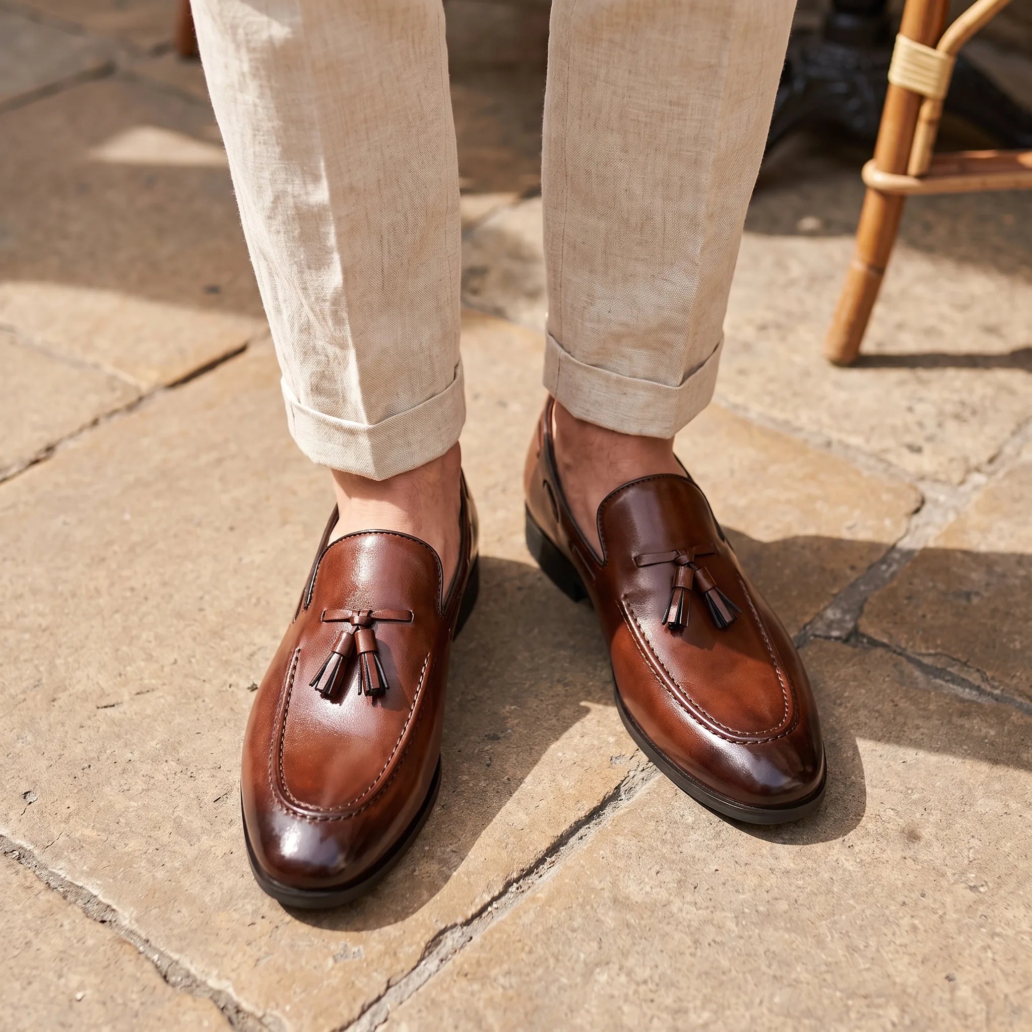 Mocassins À Gland En Cuir Véritable Marron Pour Hommes - On-foot — Top-down Worn View Image