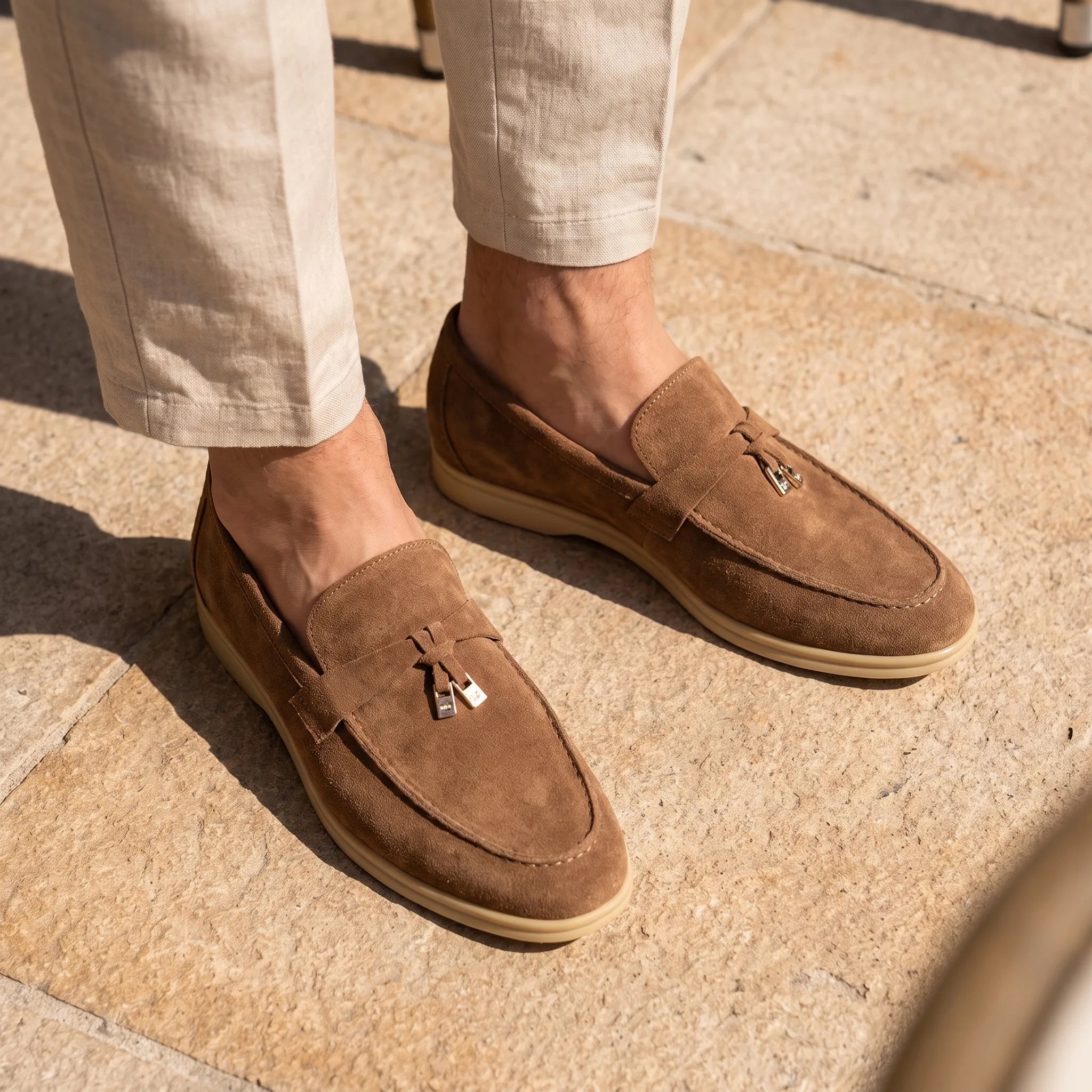 Mocassins À Glands En Daim Camel Pour Homme - On-foot — Top-down Worn View Image
