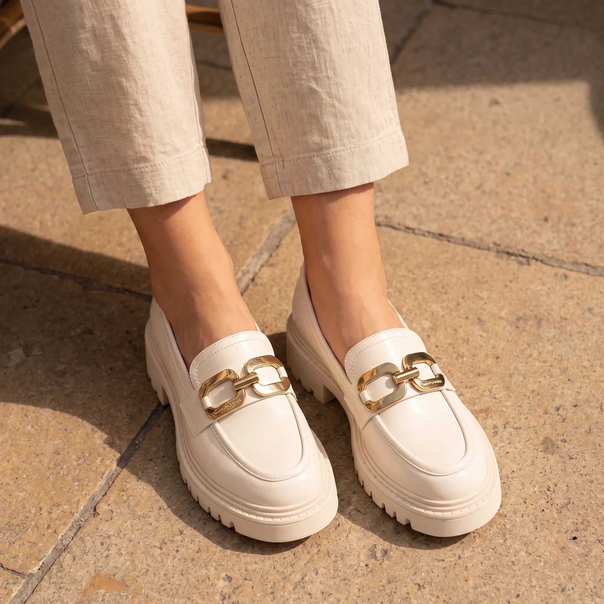 Mocassins À Plateforme En Cuir Verni Avec Chaîne Dorée Pour Femmes - On-foot — Top-down Worn View Image