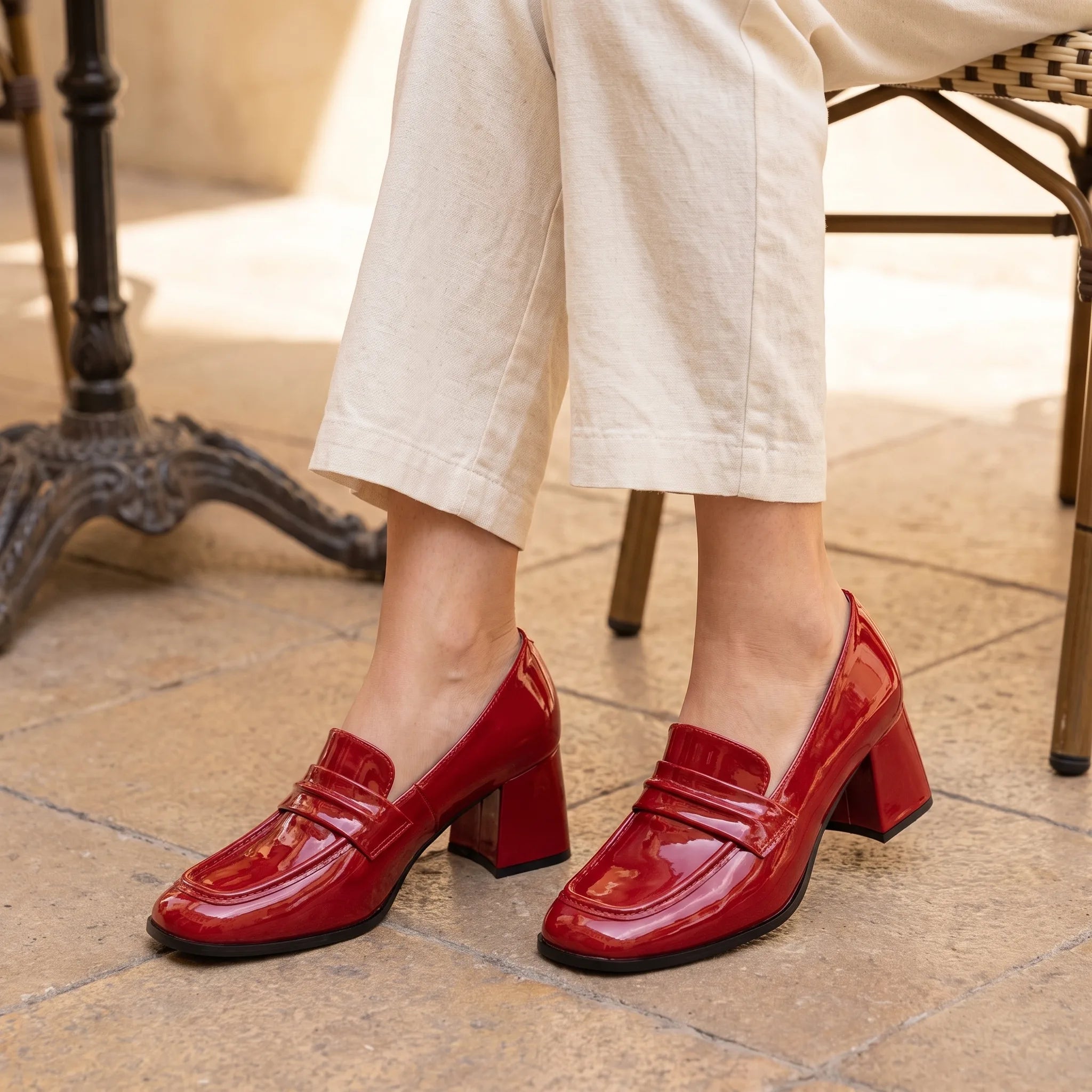 Mocassins À Talons En Cuir Vernis - On-foot — Top-down Worn View Image