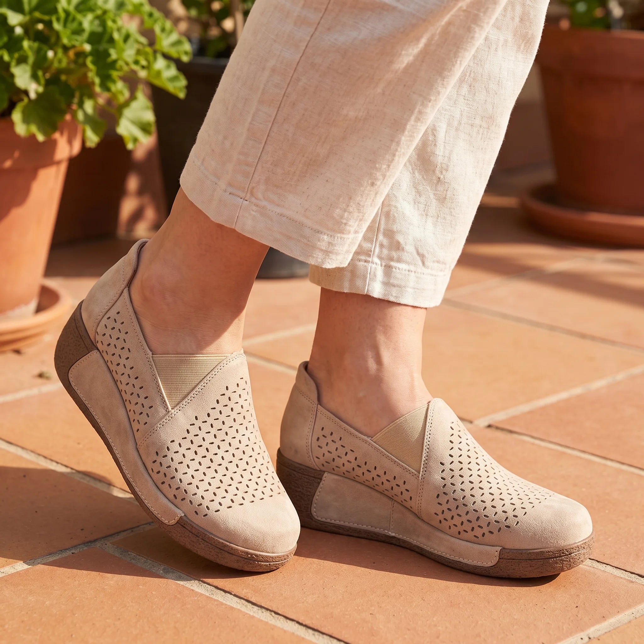 Mocassins Ajourés Confortables À Semelle Compensée Pour Femme - On-foot — Top-down Worn View Image