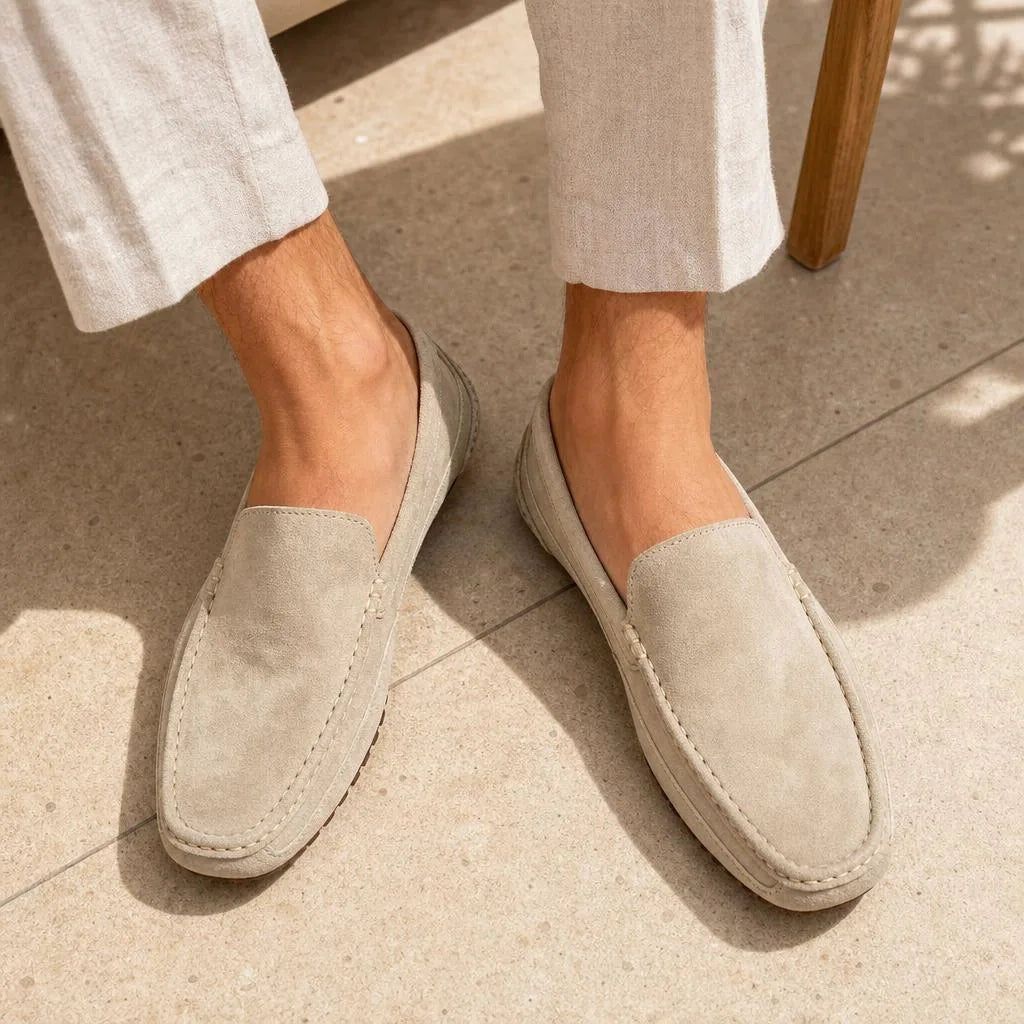Mocassins Classiques En Cuir Véritable Respirants - Beige - On-foot — Top-down Worn View