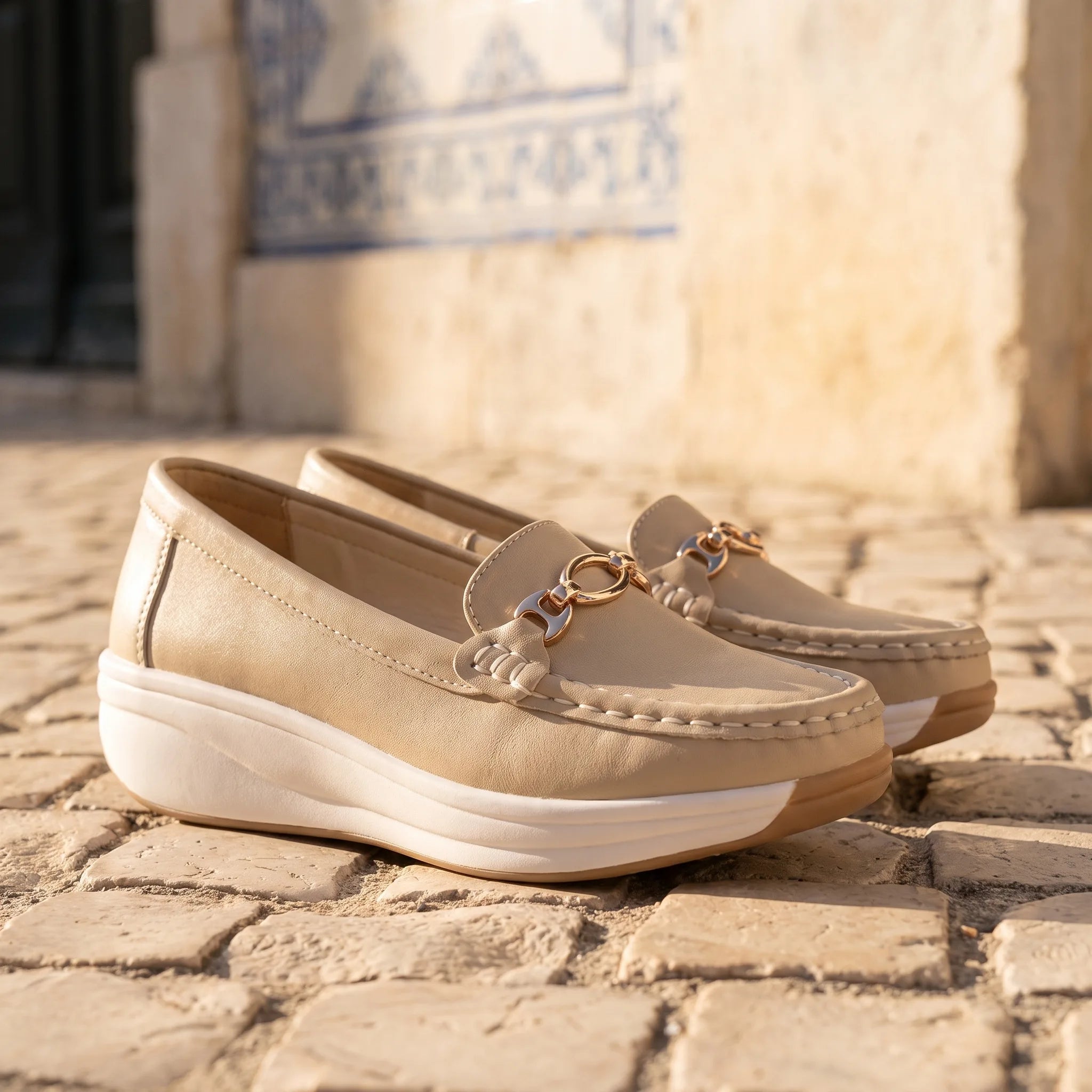 Mocassins Compensés Ajourés Et Détails Boucles Dorées Pour Femme - Lifestyle — Mediterranean Editorial