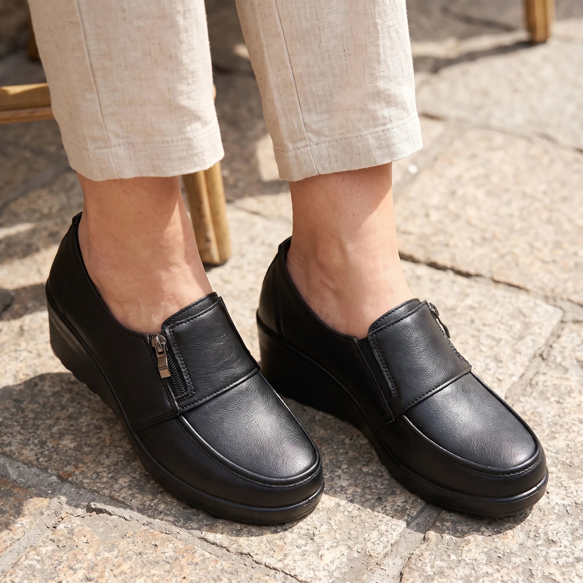 Mocassins Compensés Confortables Cuir Noir Pour Femmes - On-foot — Top-down Worn View Image