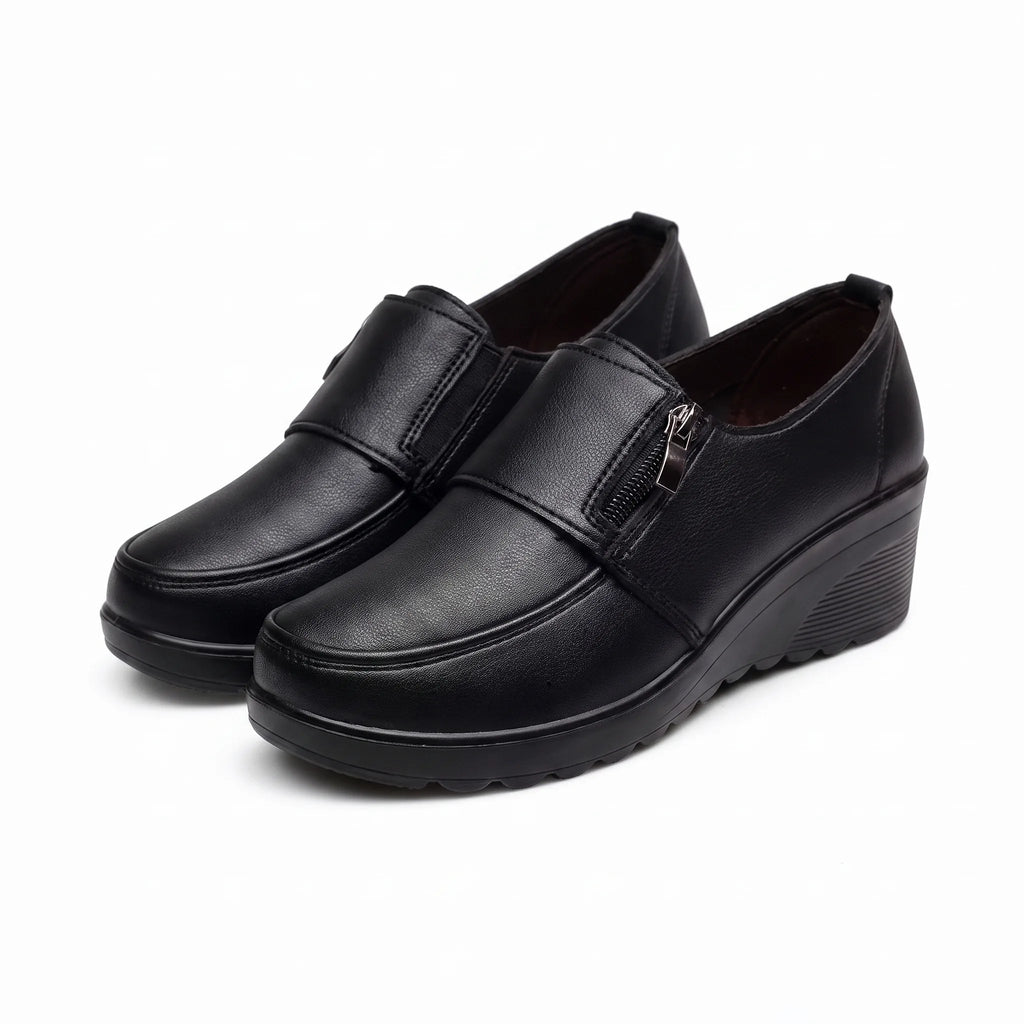 Mocassins Compensés Confortables Cuir Noir Pour Femmes - Studio — Front 3/4 Pair