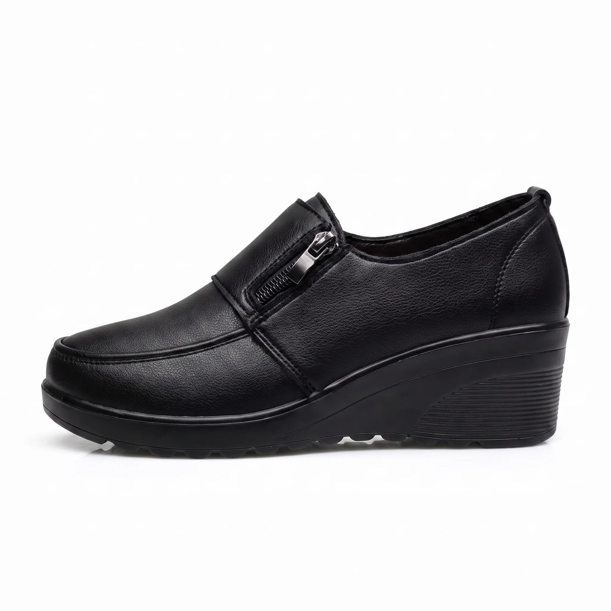 Mocassins Compensés Confortables Cuir Noir Pour Femmes - Studio — Side Profile