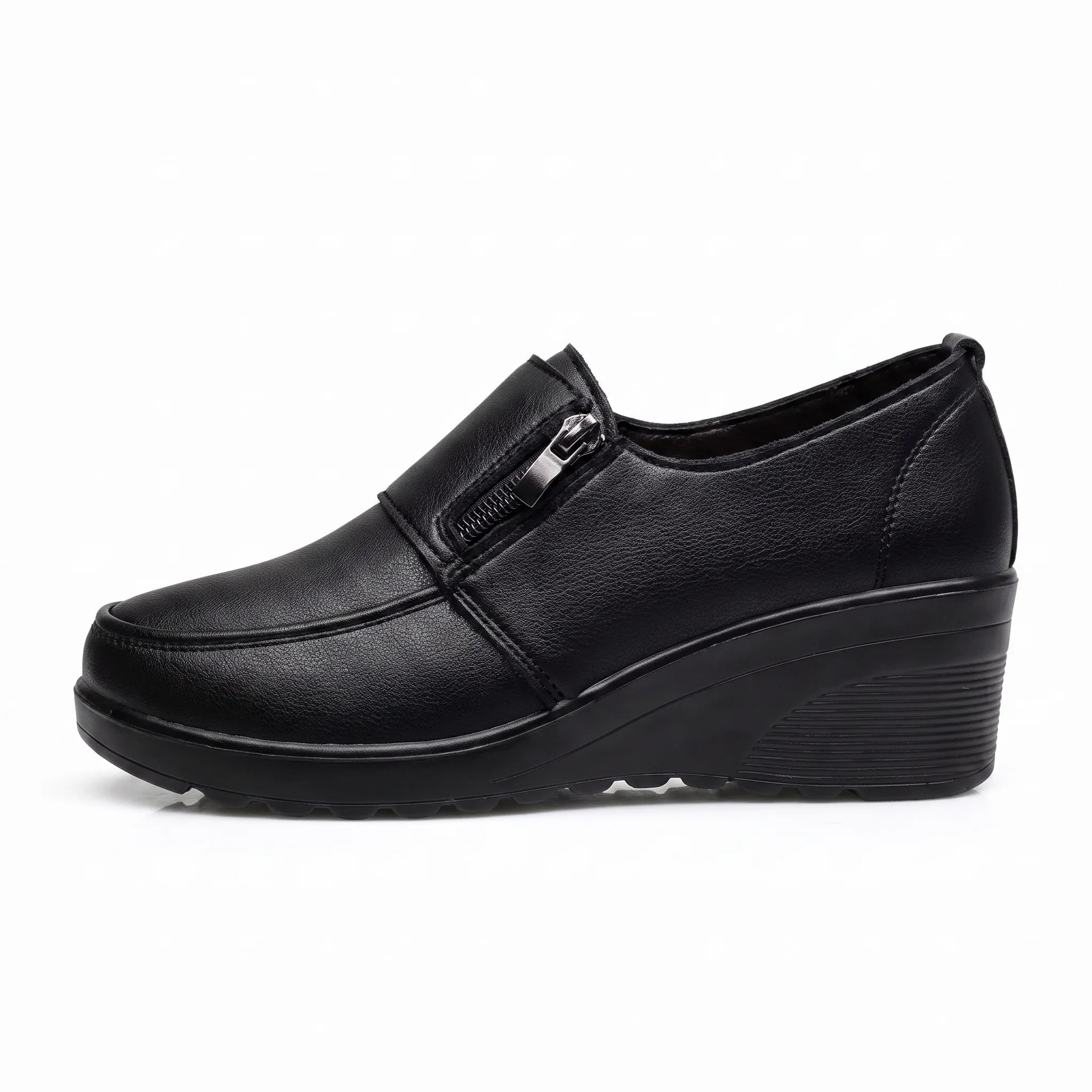 Mocassins Compensés Confortables Cuir Noir Pour Femmes - Studio — Side Profile