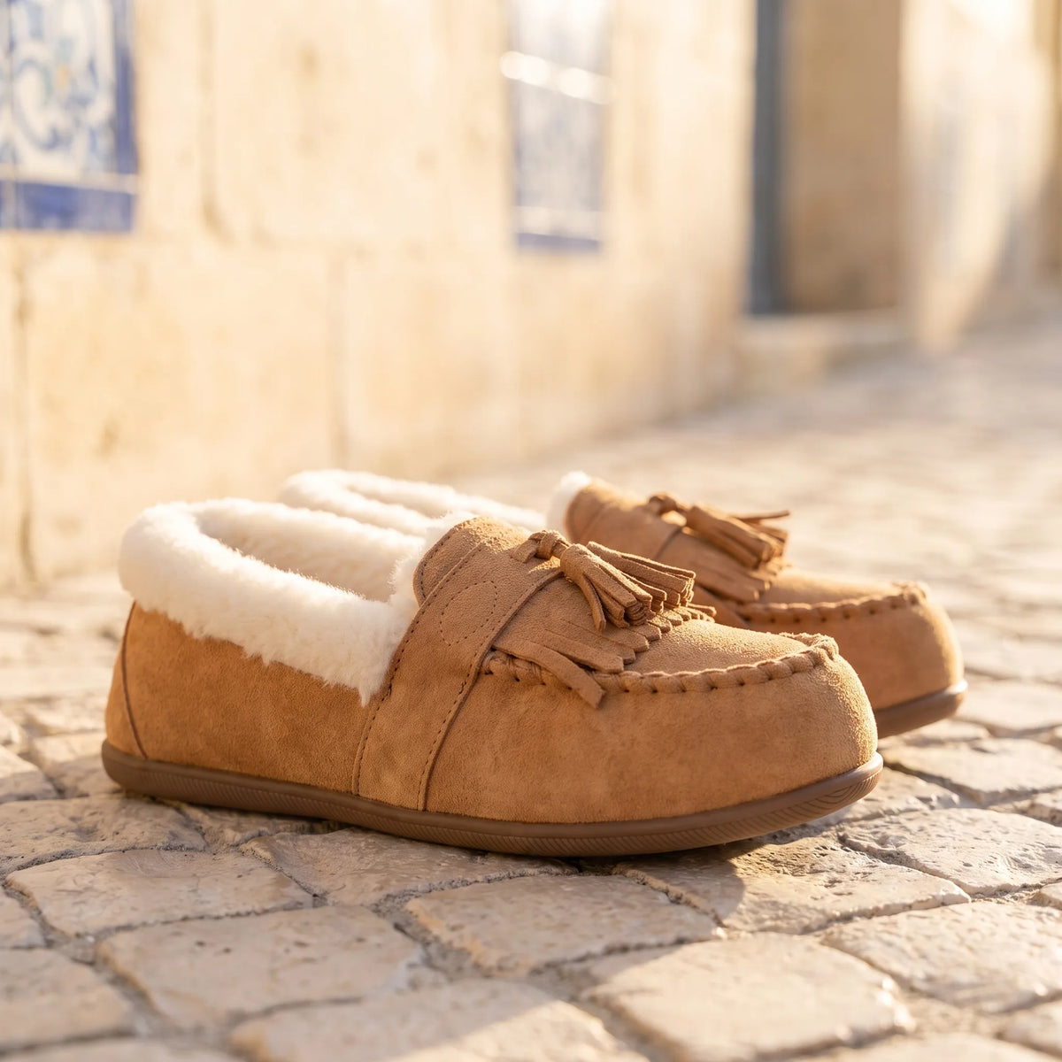Mocassins Indiens En Daim Fourré Et Tige En Tweed - Lifestyle — Mediterranean Editorial