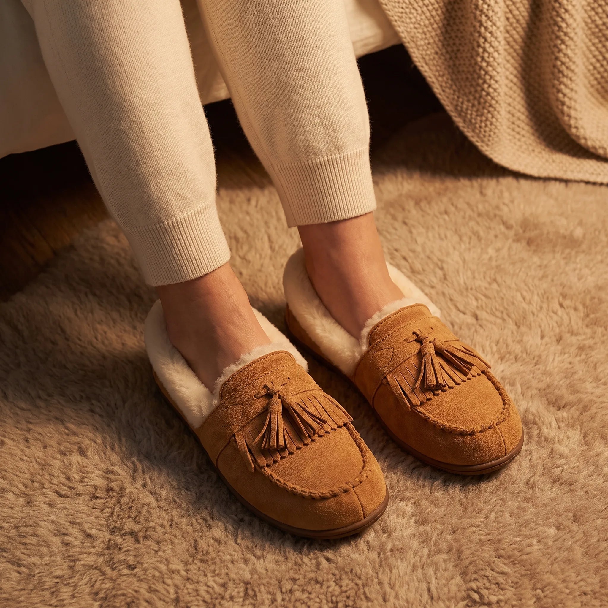 Mocassins Indiens En Daim Fourré Et Tige En Tweed - On-foot — Top-down Worn View Image