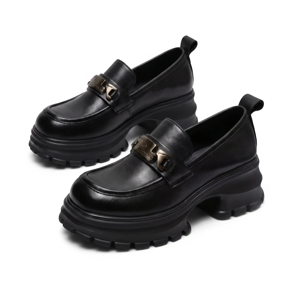 Mocassins Noirs En Cuir À Plateforme Pour Femmes - Studio — Front 3/4 Pair