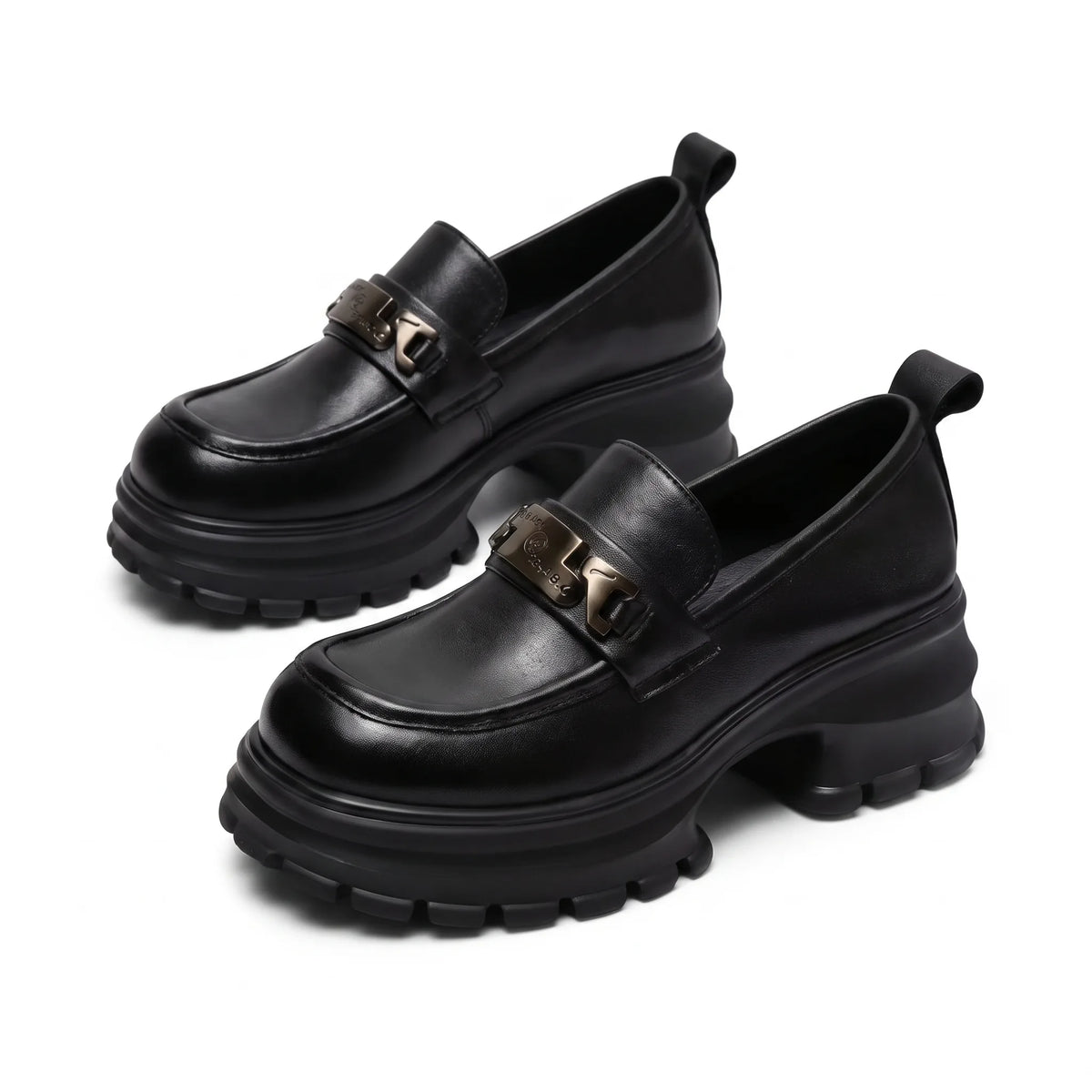 Mocassins Noirs En Cuir À Plateforme Pour Femmes - Studio — Front 3/4 Pair
