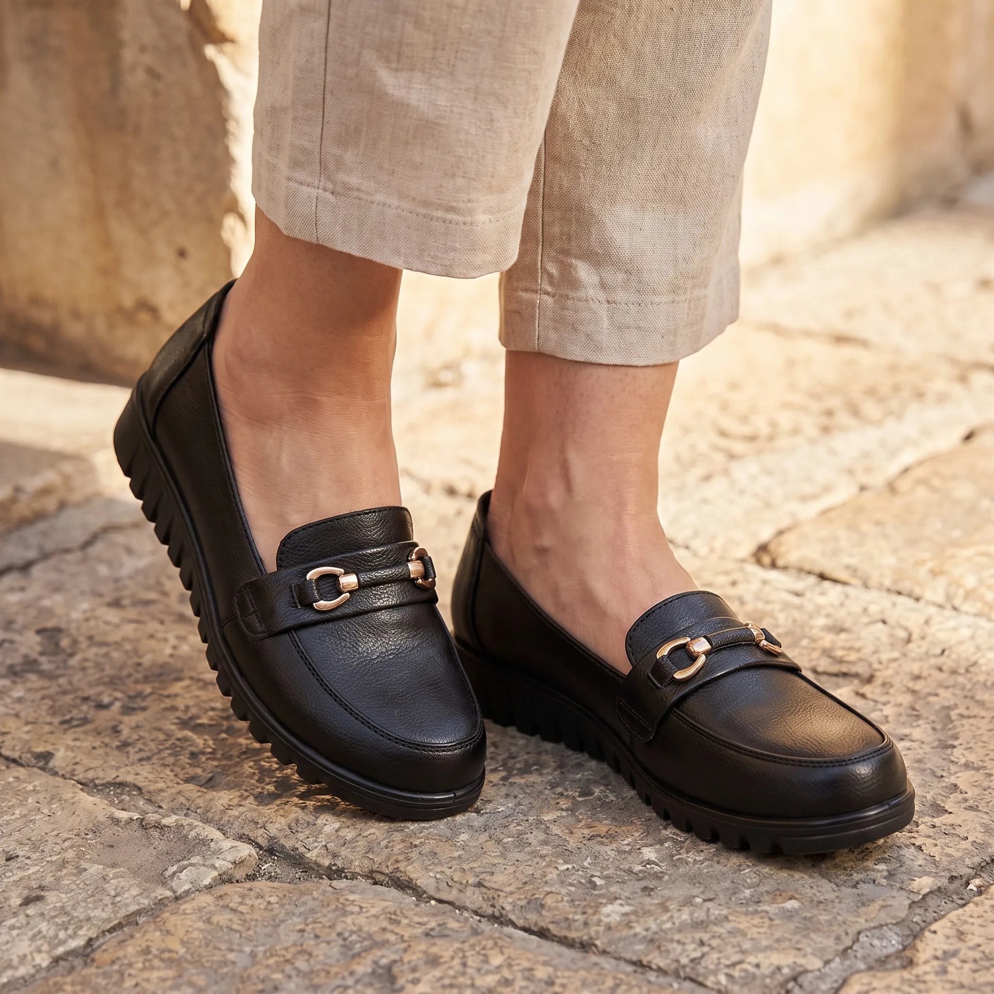 Mocassins Orthopédiques À Semelle Noire Pour Femmes - On-foot — Top-down Worn View Image