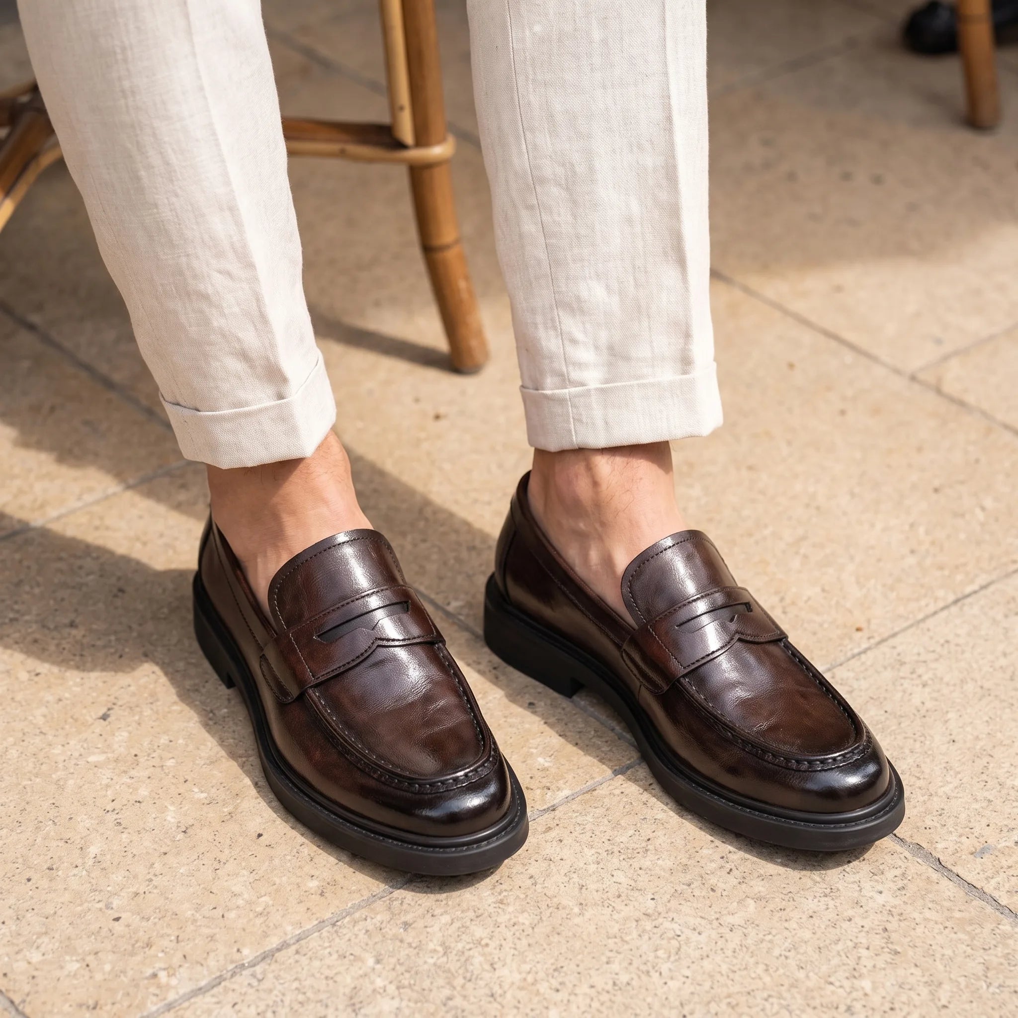 Mocassins Pour Homme En Cuir Véritable De Couleur Marron - On-foot — Top-down Worn View Image