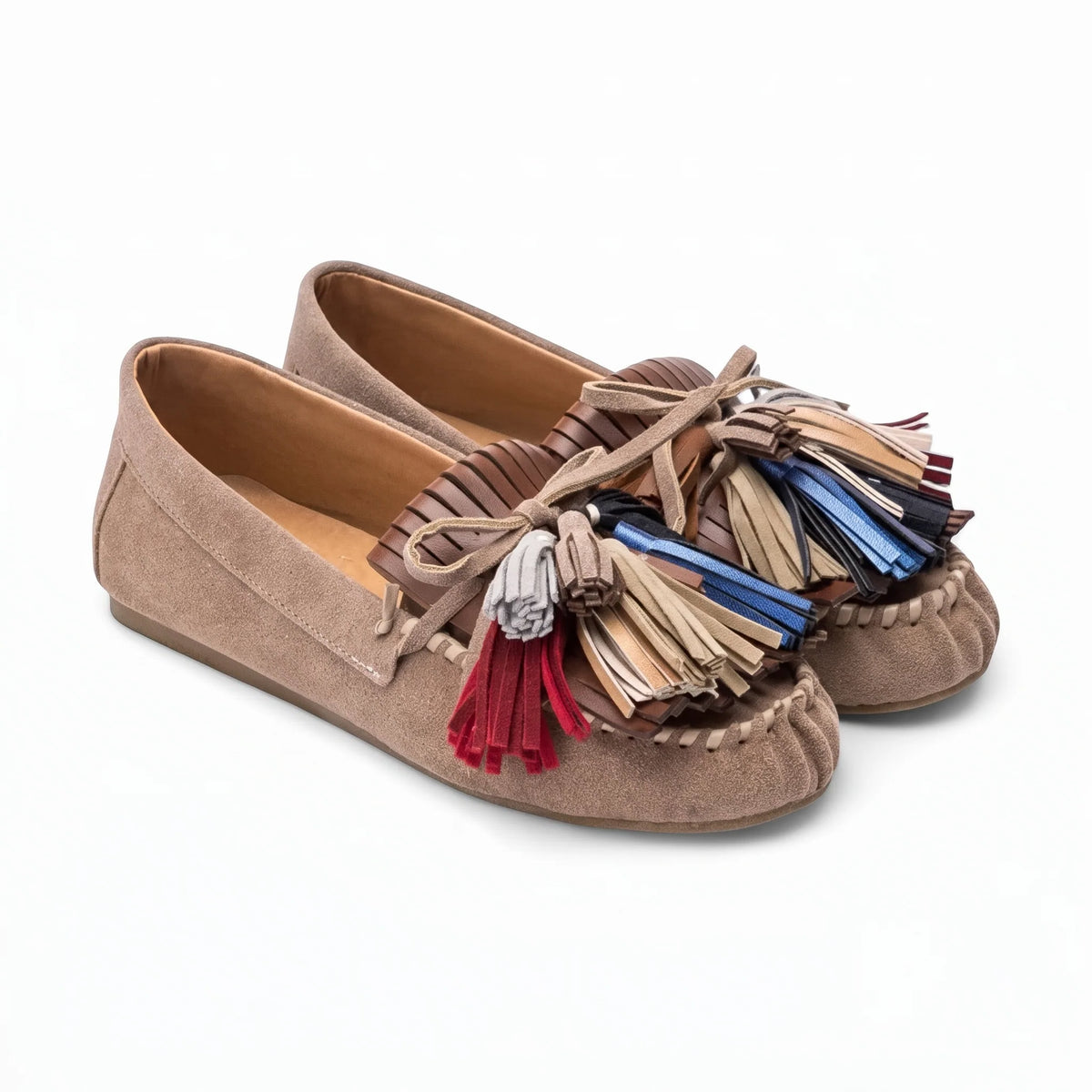 Mocassins style vintage à glands et motifs colorés en cuir pour femme - Studio — Front 3/4 Pair Image