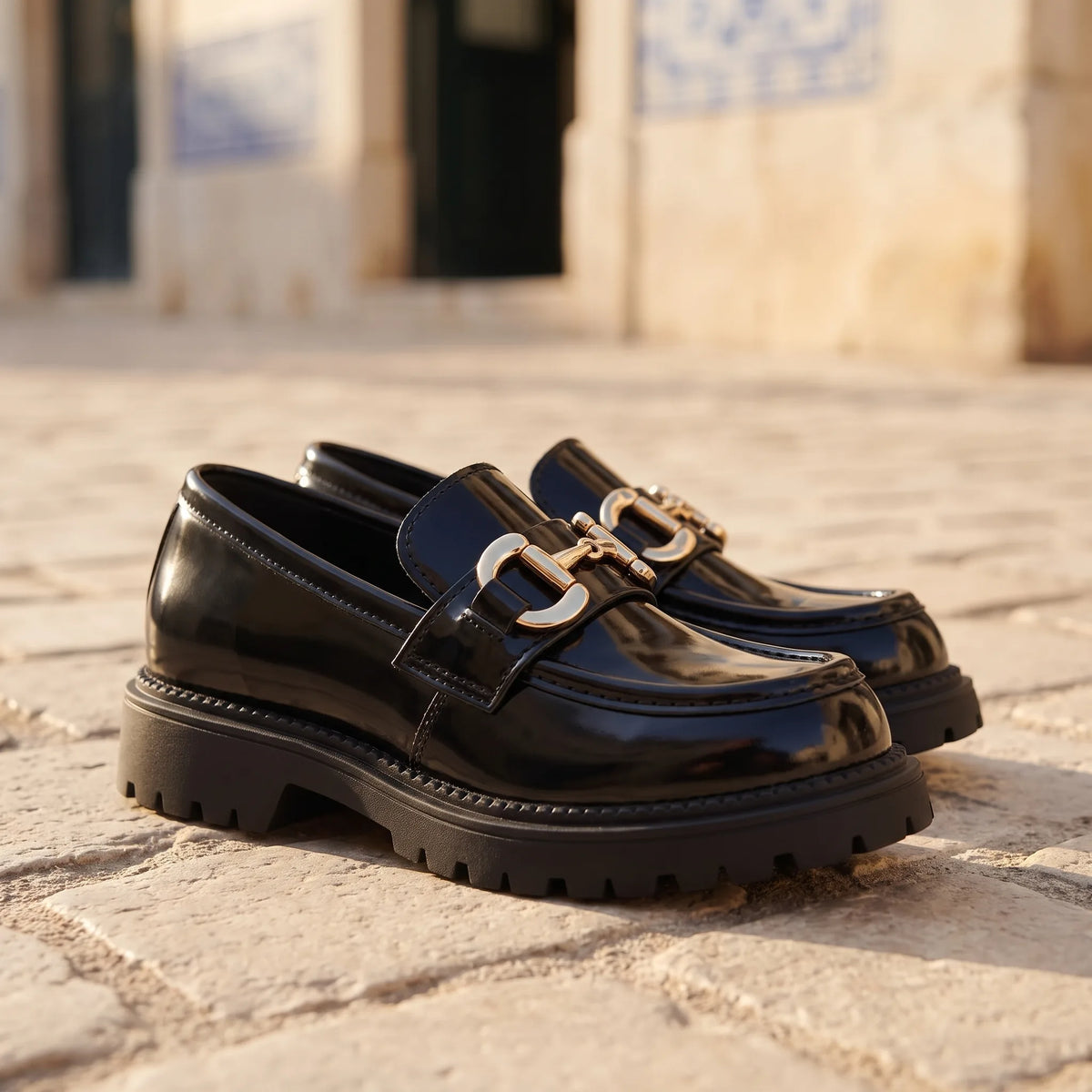 Mocassins Vernis Avec Une Chaîne Brillante Pour Fille - Lifestyle — Mediterranean Editorial