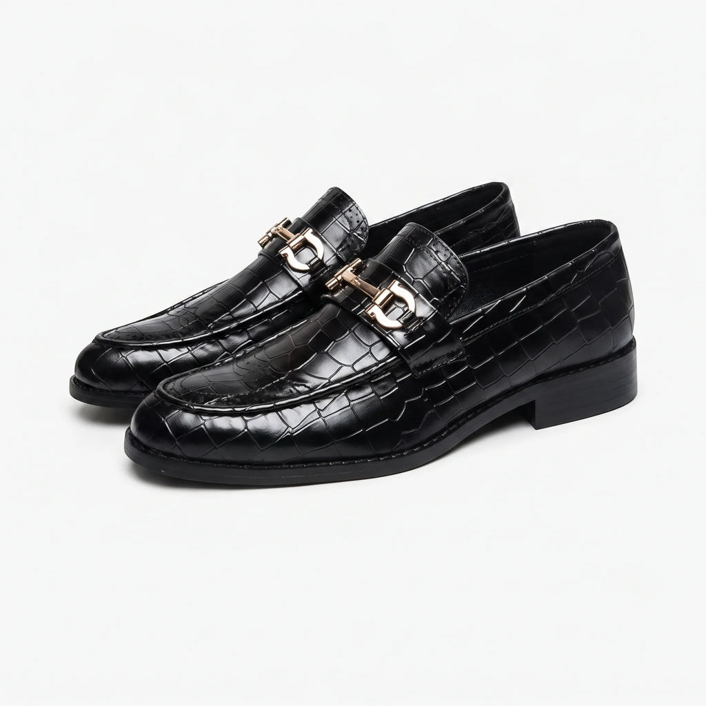 Mocassins Vernis Noir Et Doré Pour Hommes - Studio — Front 3/4 Pair