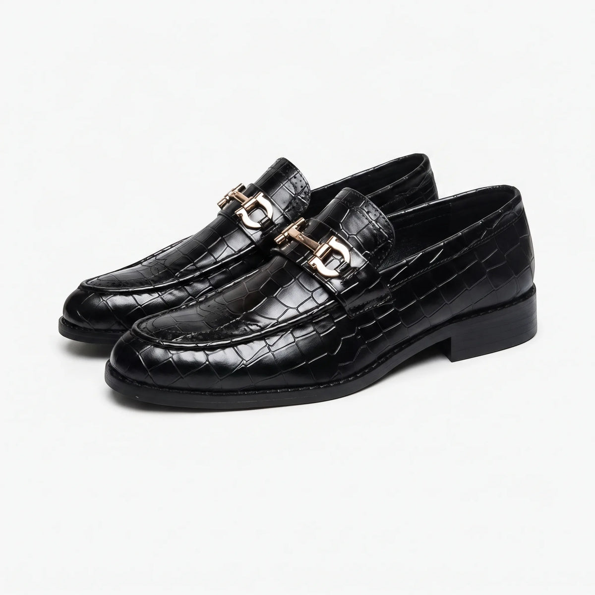 Mocassins Vernis Noir Et Doré Pour Hommes - Studio — Front 3/4 Pair