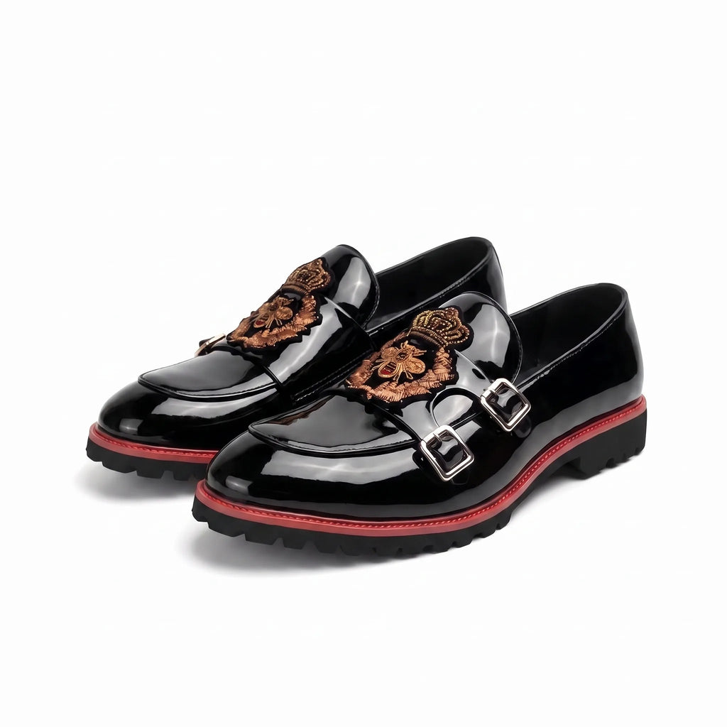 Mocassins Vernis Noirs Pour Hommes Estampes Abeille - Studio — Front 3/4 Pair
